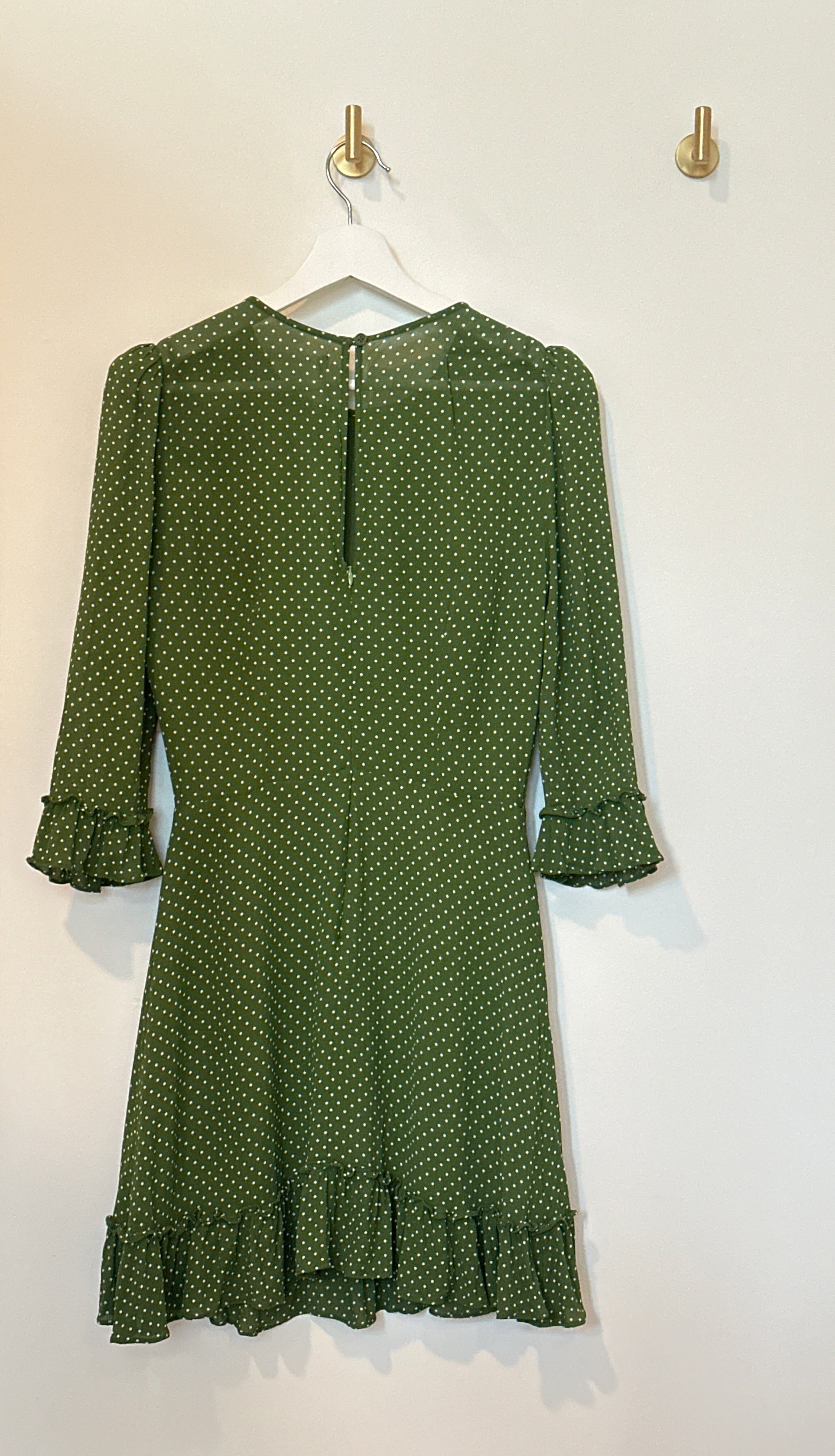 Reformation Green & White Polka Dot Flounced Sleeve & Hem Mini Dress