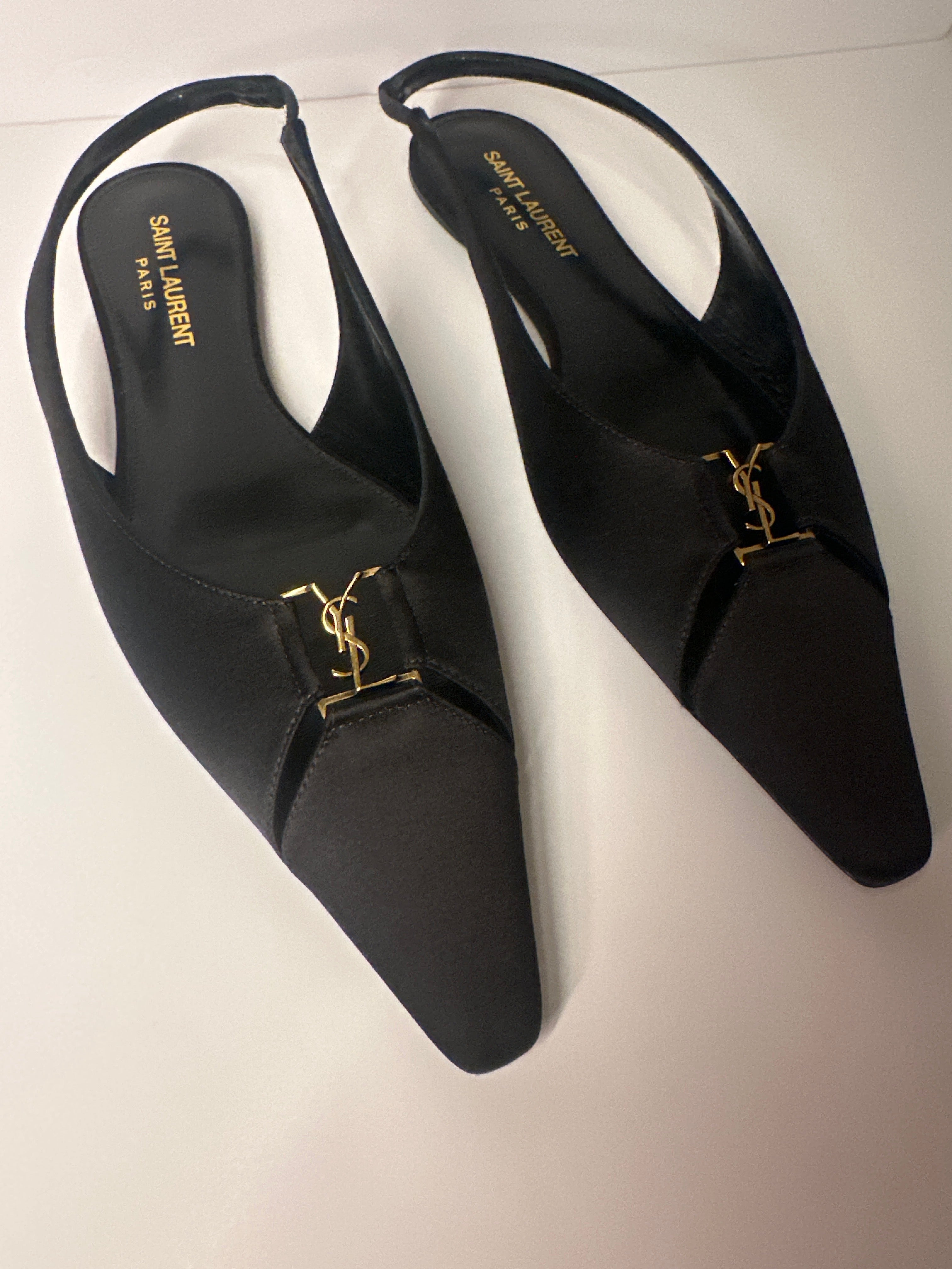 SAINT LAURENT Pointed Toe Black Babylone Slingback Flats with Gold YSL E mblem36.5