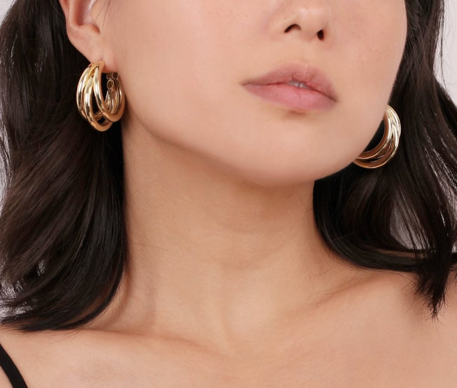 Jewelry Triple Medium Hoop High Shine Steel Earring: Yellow Gold