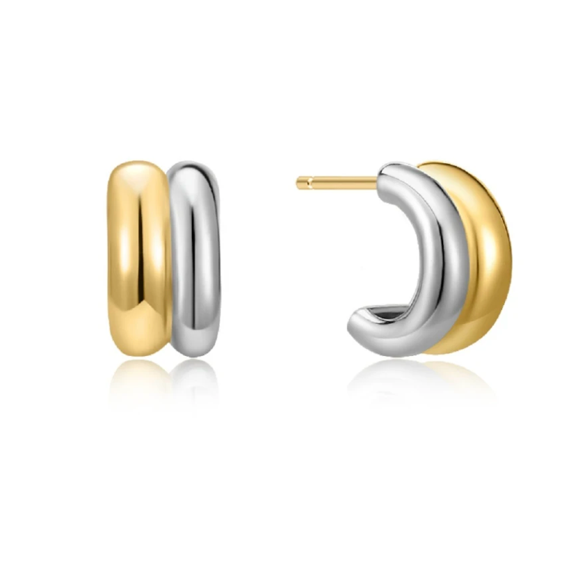 Jewelry Puffy Double Hoop Earring- steel Gold Huggie : Two tone / Small