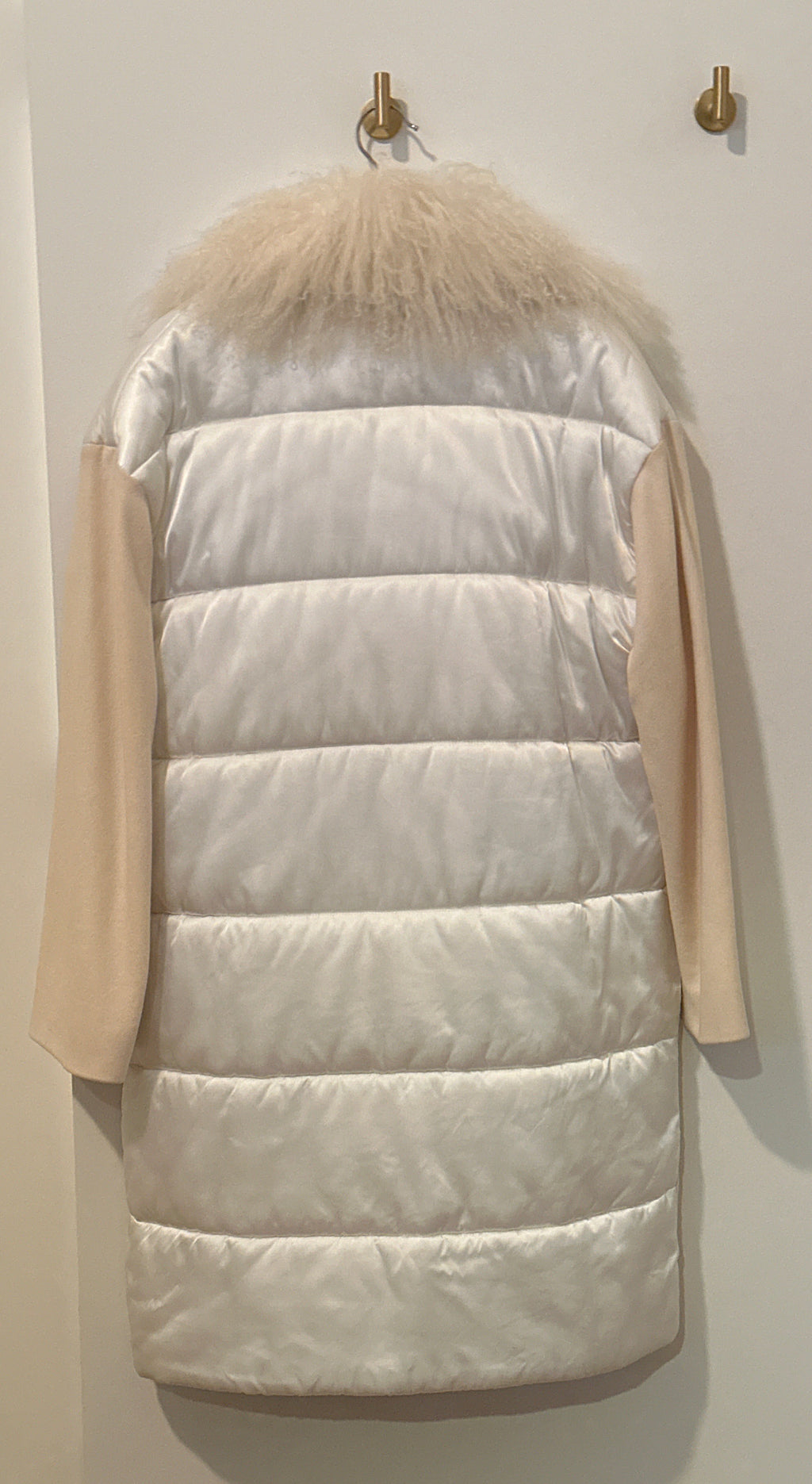 MSGM Cream Winter Quilted Wool Coat with Detachable Furry Stole Medium