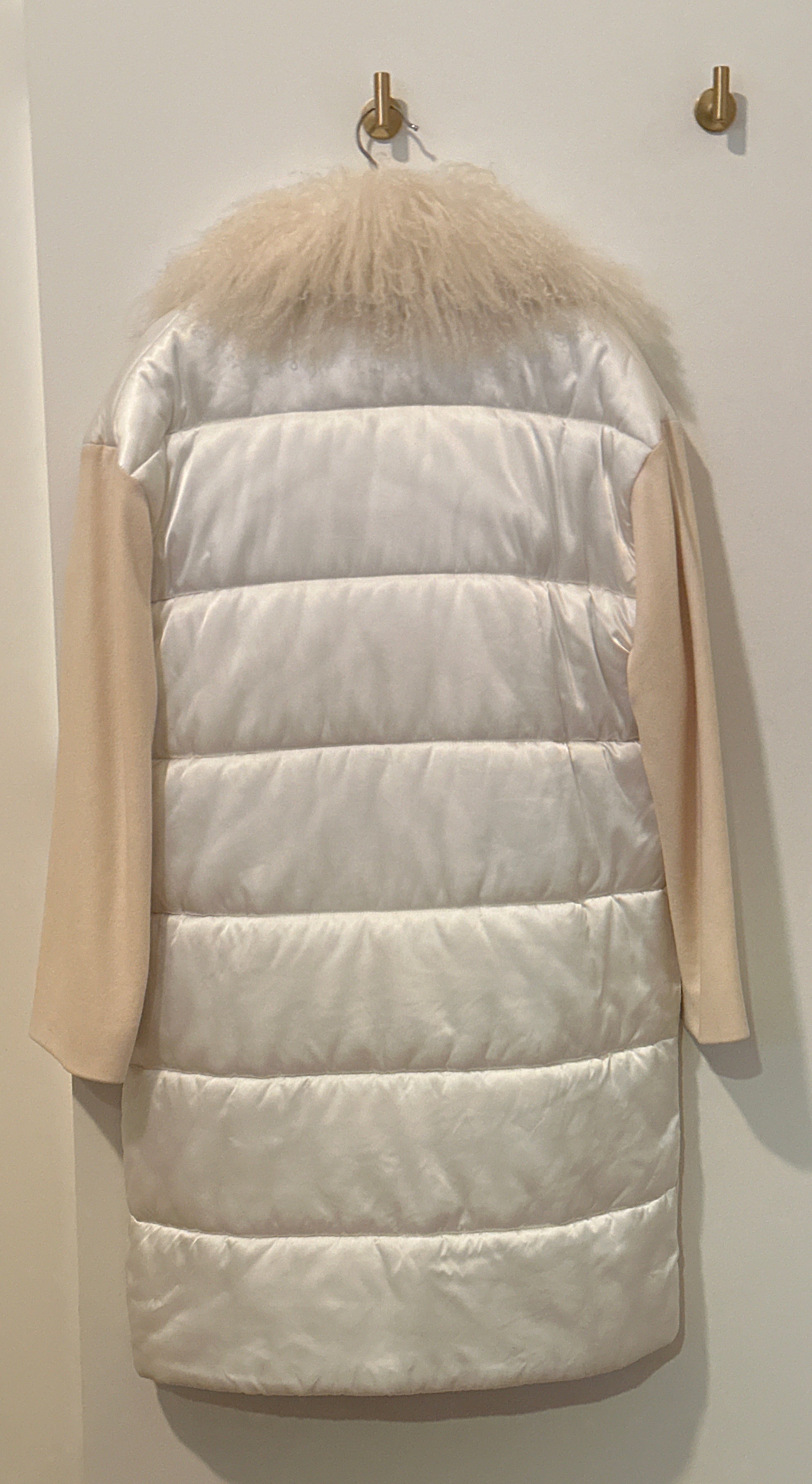 MSGM Cream Winter Quilted Wool Coat with Detachable Furry Stole Medium