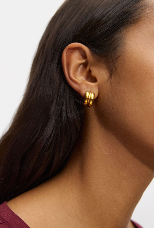 Jewelry Puffy Double Hoop Earring- steel Gold Huggie : Two tone / Small