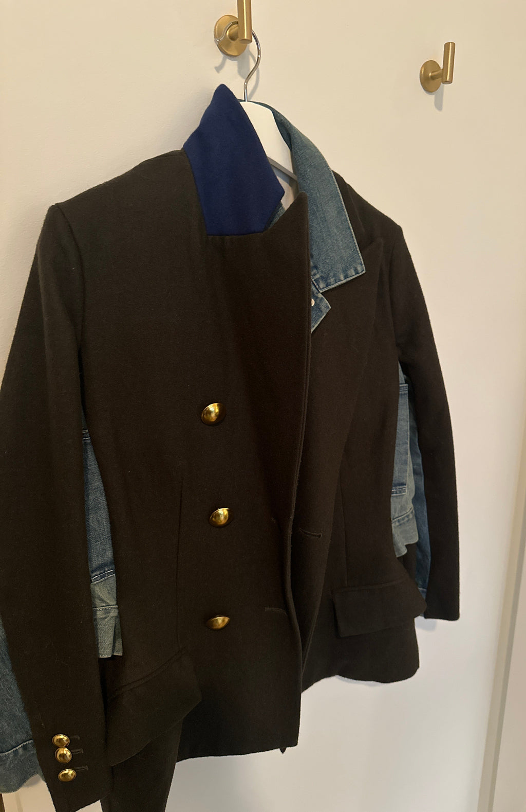 Sacai 5149 Mixed Media Blazer Dark Army Green Wool with Denim Inserts