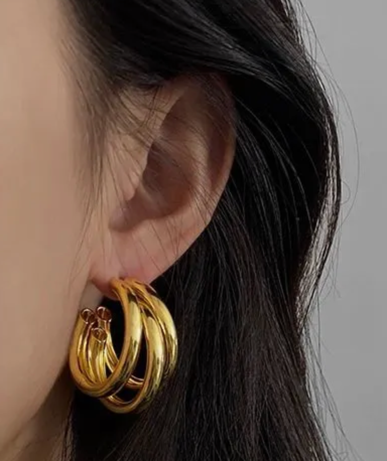 Jewelry Triple Medium Hoop High Shine Steel Earring: Yellow Gold