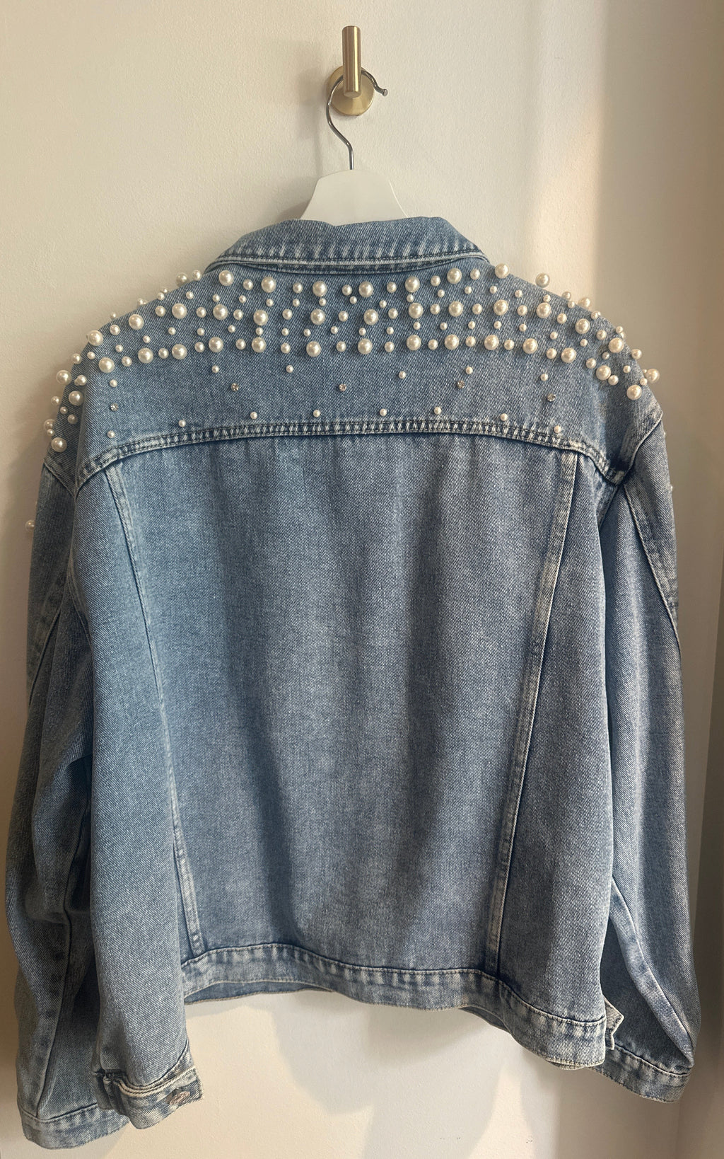 Pearl & Rhinestone Embellished Denim Jacket | Size 4XL