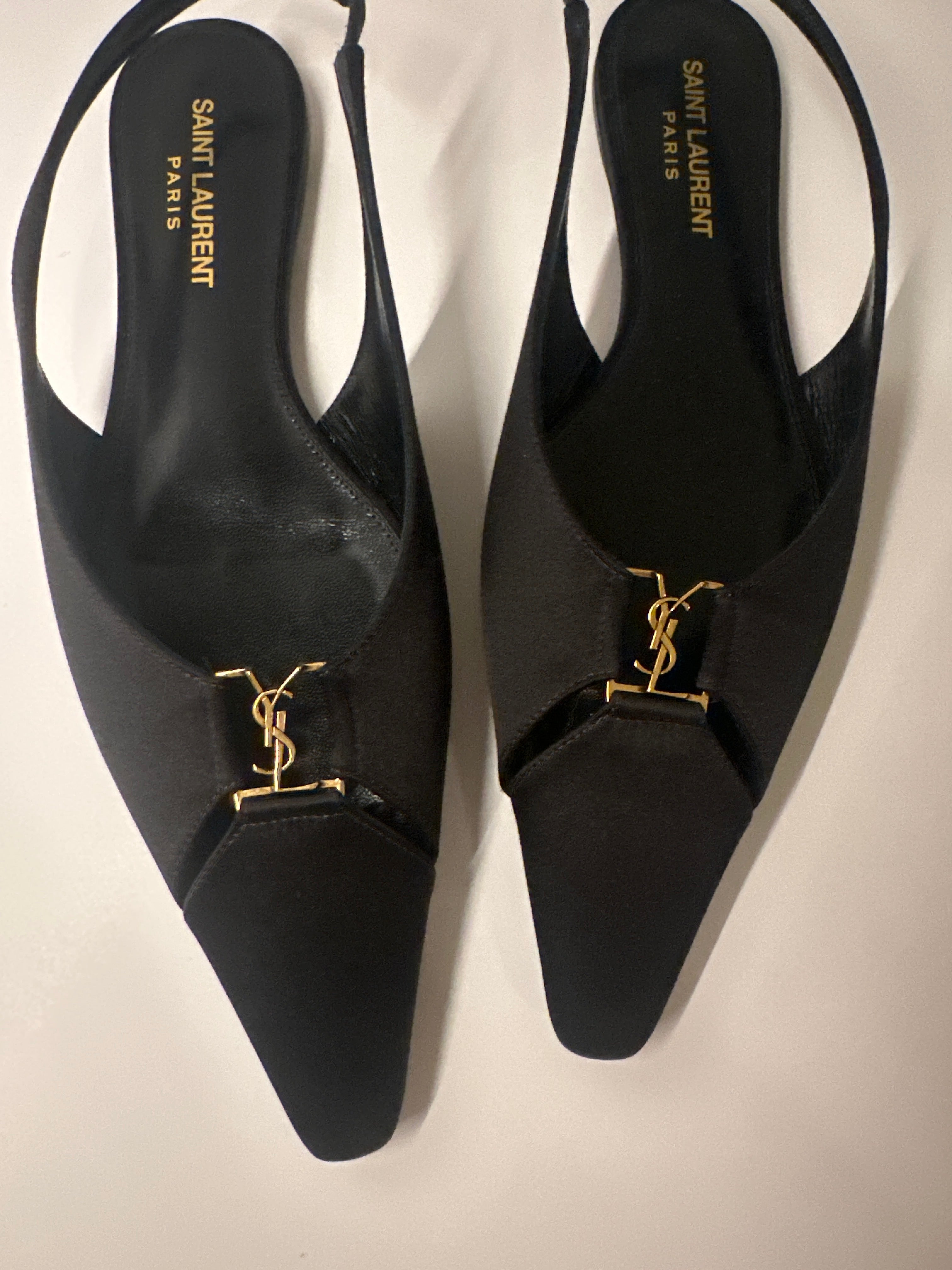 SAINT LAURENT Pointed Toe Black Babylone Slingback Flats with Gold YSL E mblem36.5