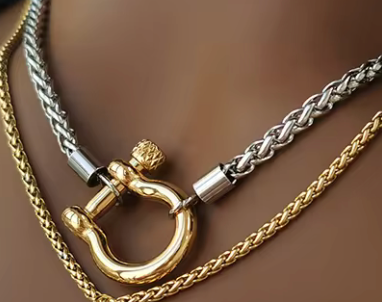 Jewelry Carabiner horse Bit- Charm-Wheat Chain Stainless Necklace: Two Tone