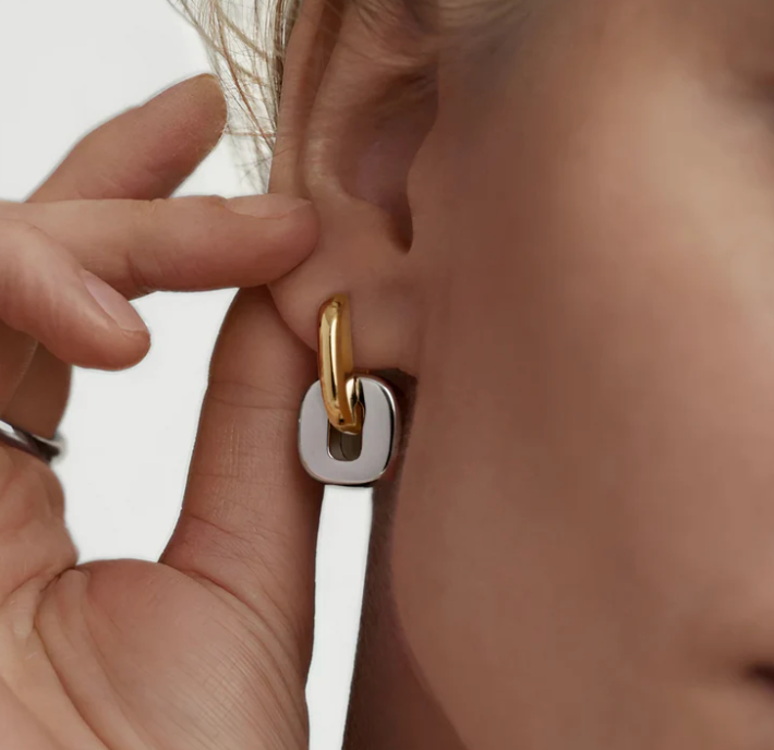 Jewelry Agatha Hoop to drop Steel and Two Tone 14K PVD Gold Earrings: Two tone