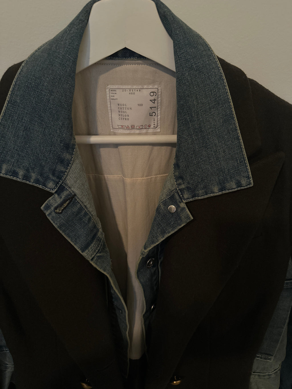 Sacai 5149 Mixed Media Blazer Dark Army Green Wool with Denim Inserts