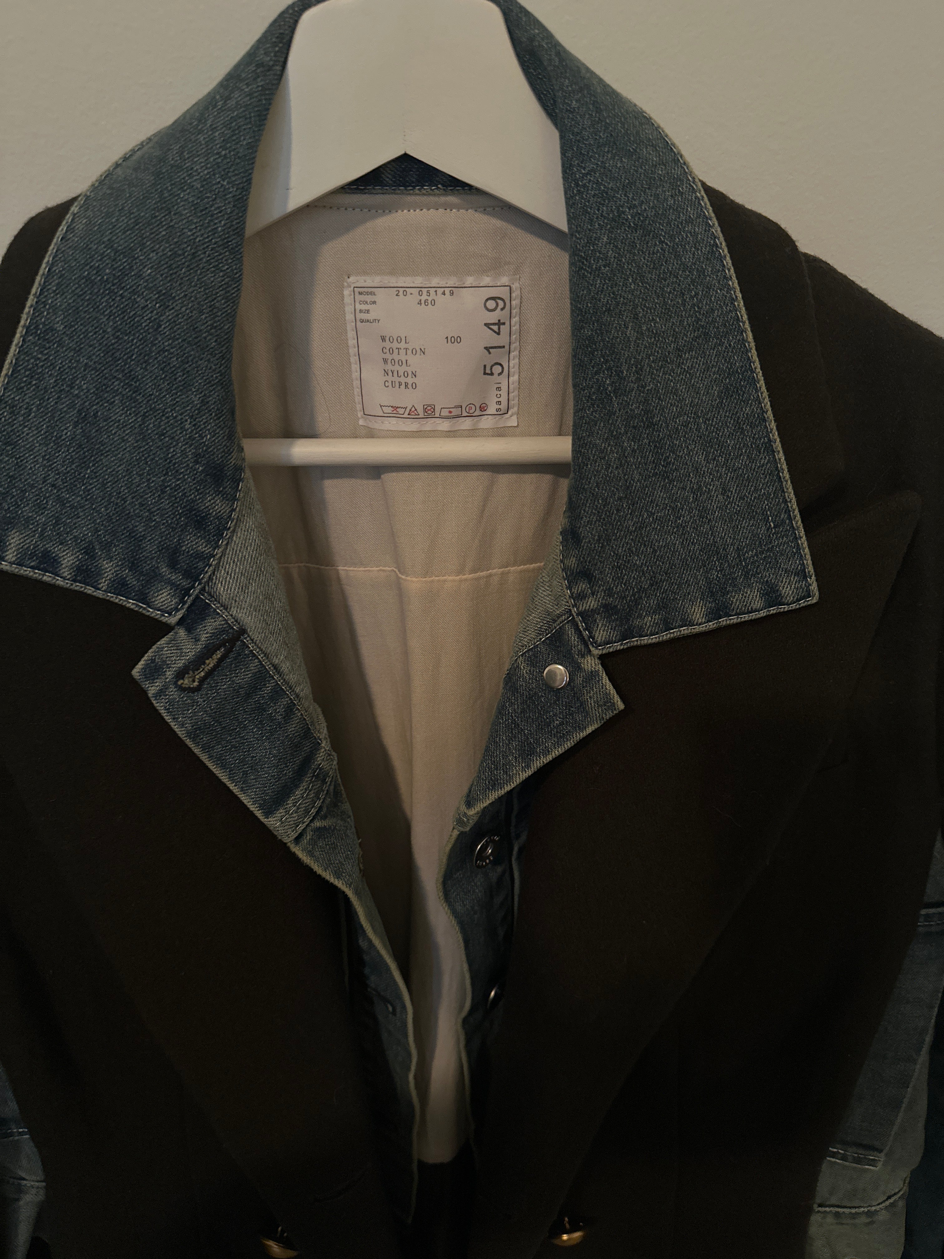 Sacai 5149 Mixed Media Blazer Dark Army Green Wool with Denim Inserts