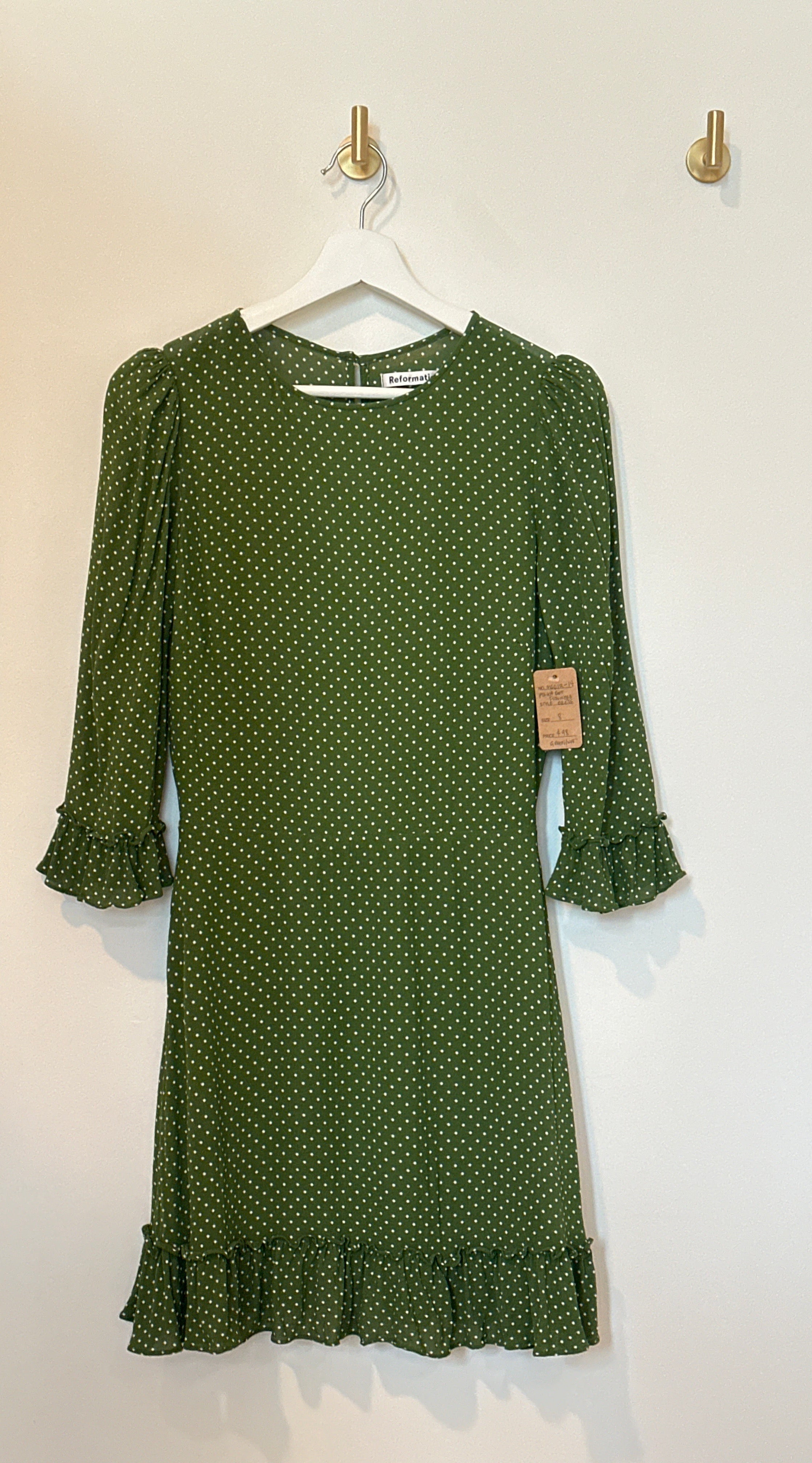 Reformation Green & White Polka Dot Flounced Sleeve & Hem Mini Dress