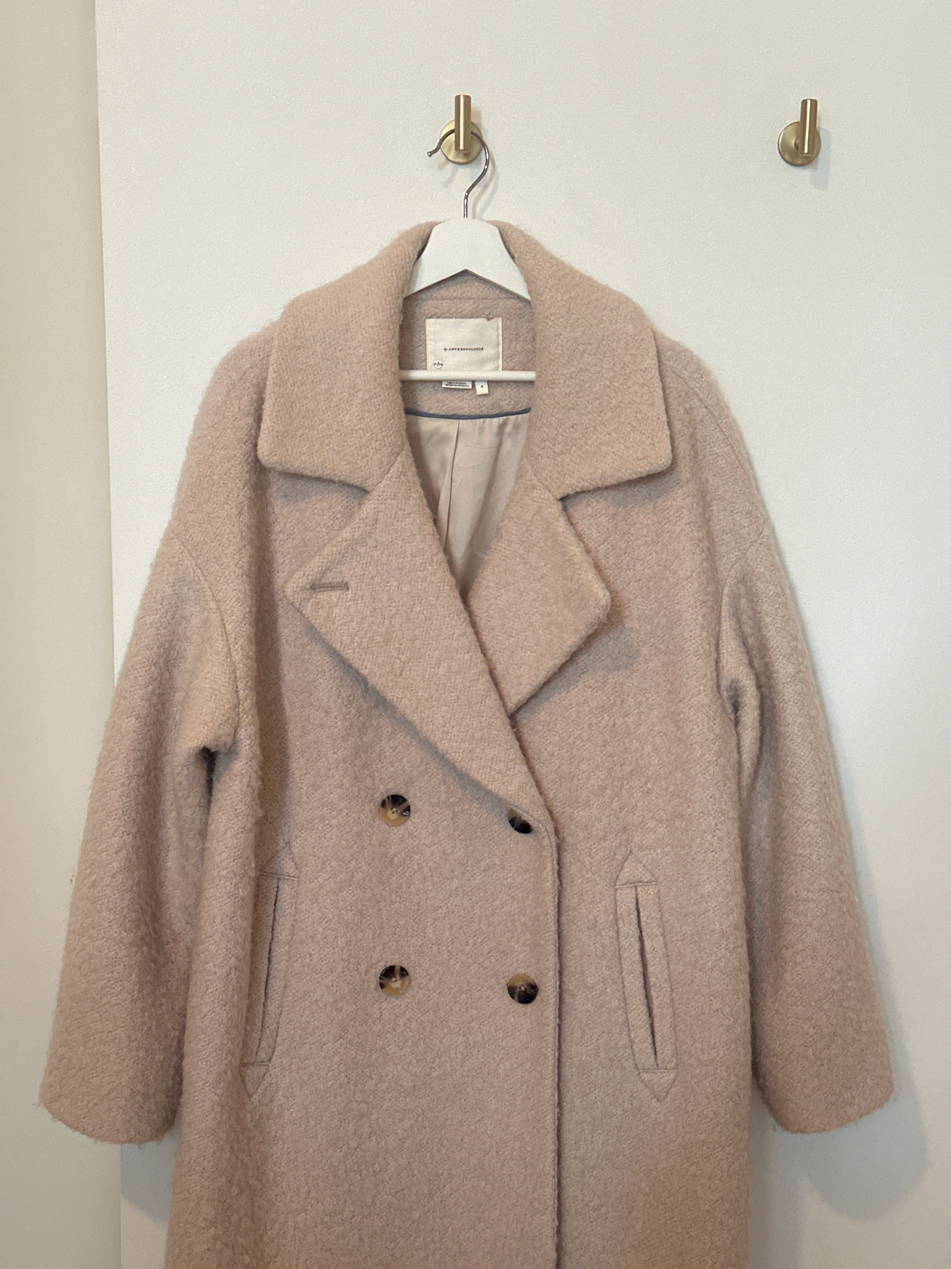 Anthropologie Beige Bouclé Double Breasted Cocoon Teddy Coat Medium