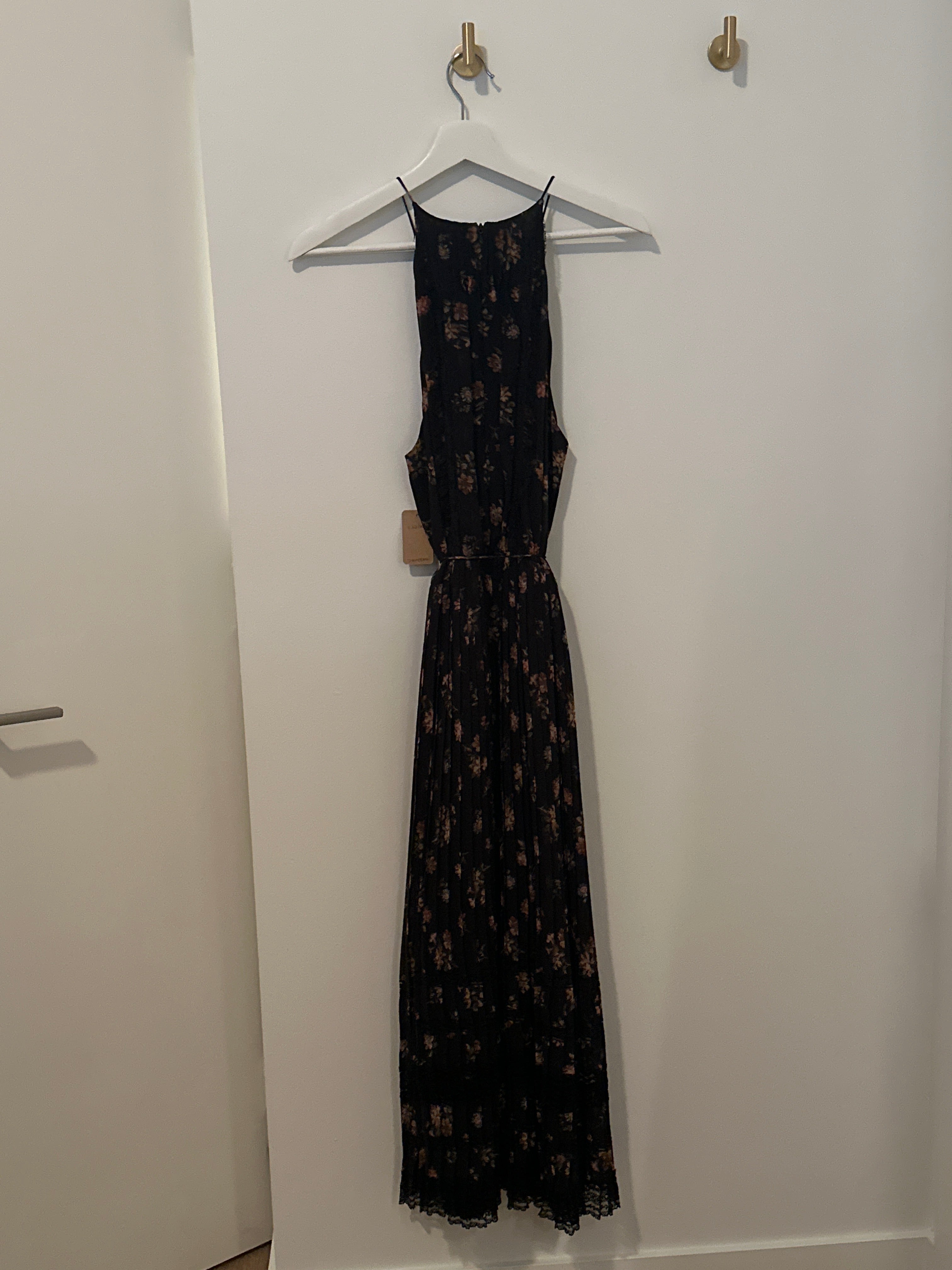 ZIMMERMANN Full Length Pleated Dress Sleeveless Spaghetti Strap Black with Floral Print