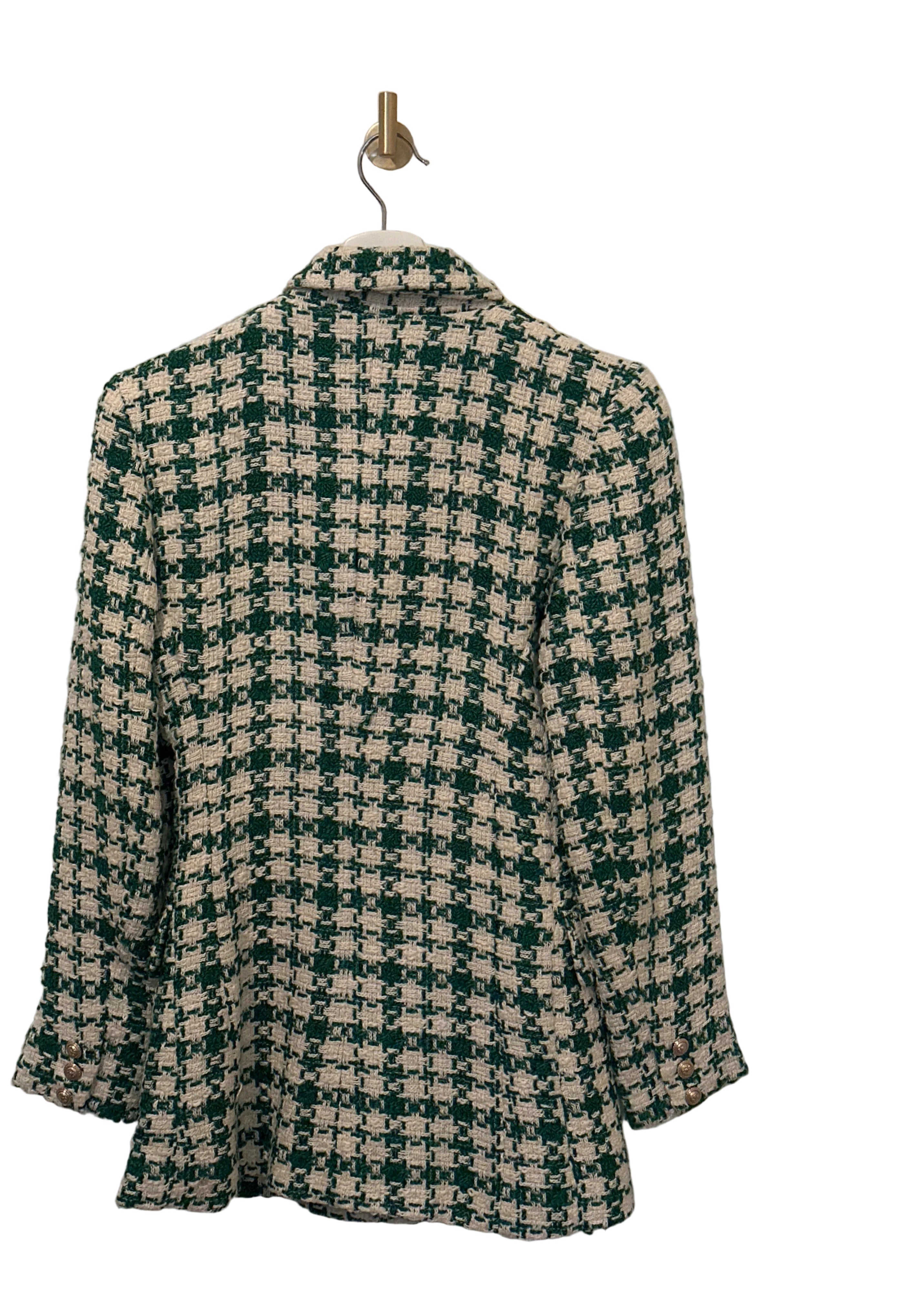 ZARA Green and Cream Double Breasted Houndstooth Blazer