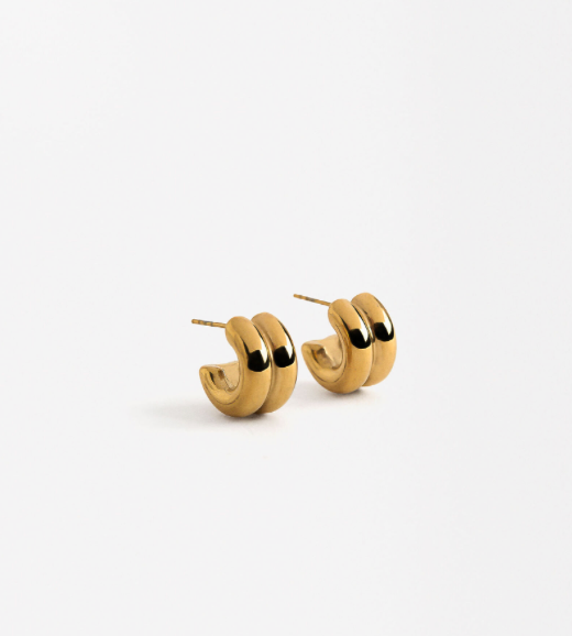 Jewelry Puffy Double Hoop Earring- steel Gold Huggie : Two tone / Small