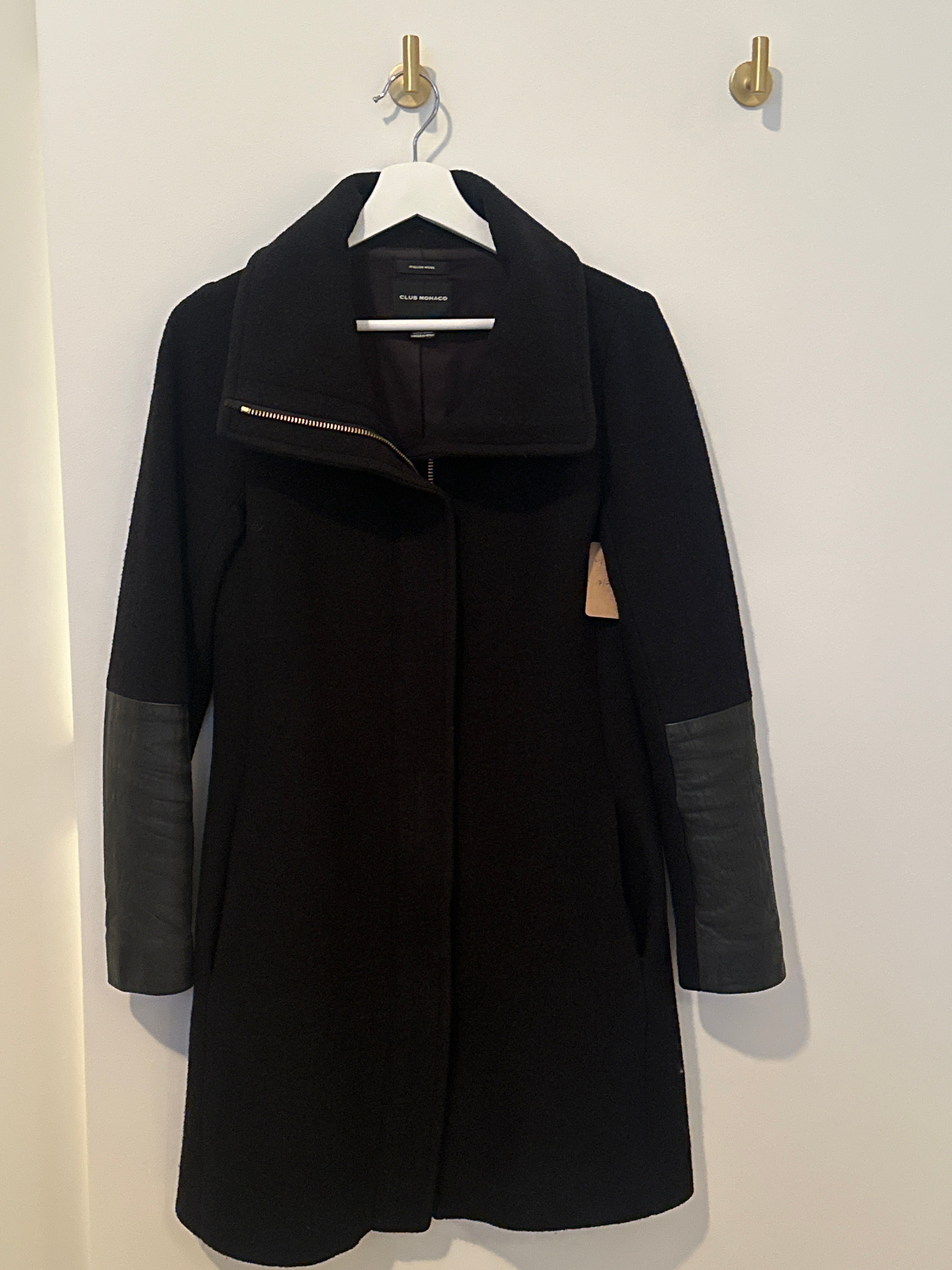CLUB MONACO Black Wool Zip Front Overcoat