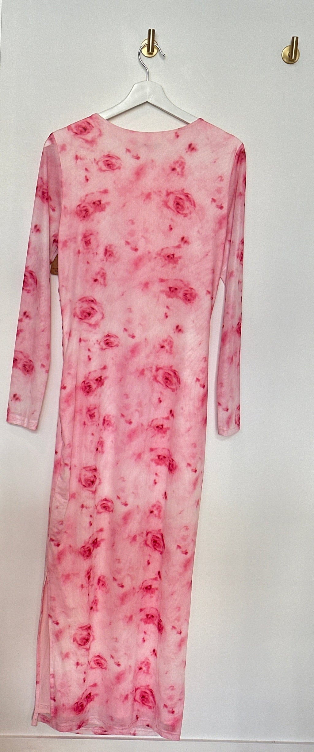 Pretty Garden Pink Rose Ruched Long Sleeve Dress — Size Large