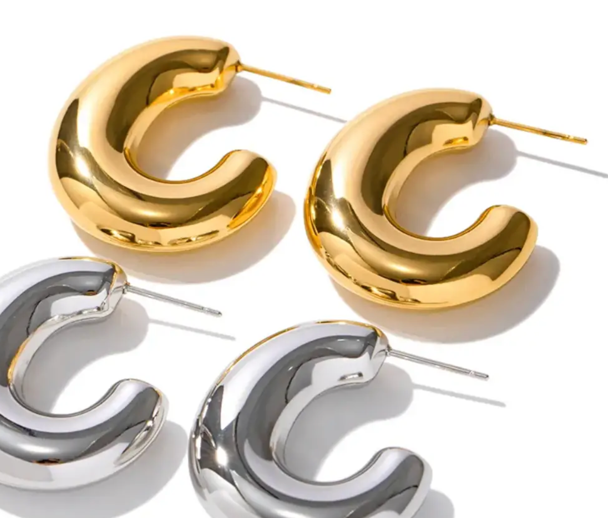 Jewelry Thea C Hoop-  Puffy Stainless Steel Earring 14K: Silver / Large