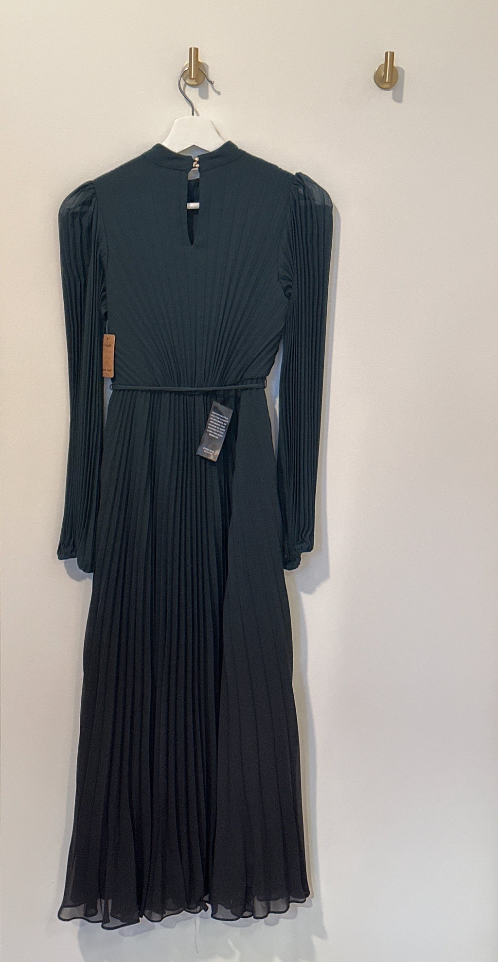 EVER NEW Accordion Pleated Full Length Dress Long Sleeve Elastic Waist With Tie