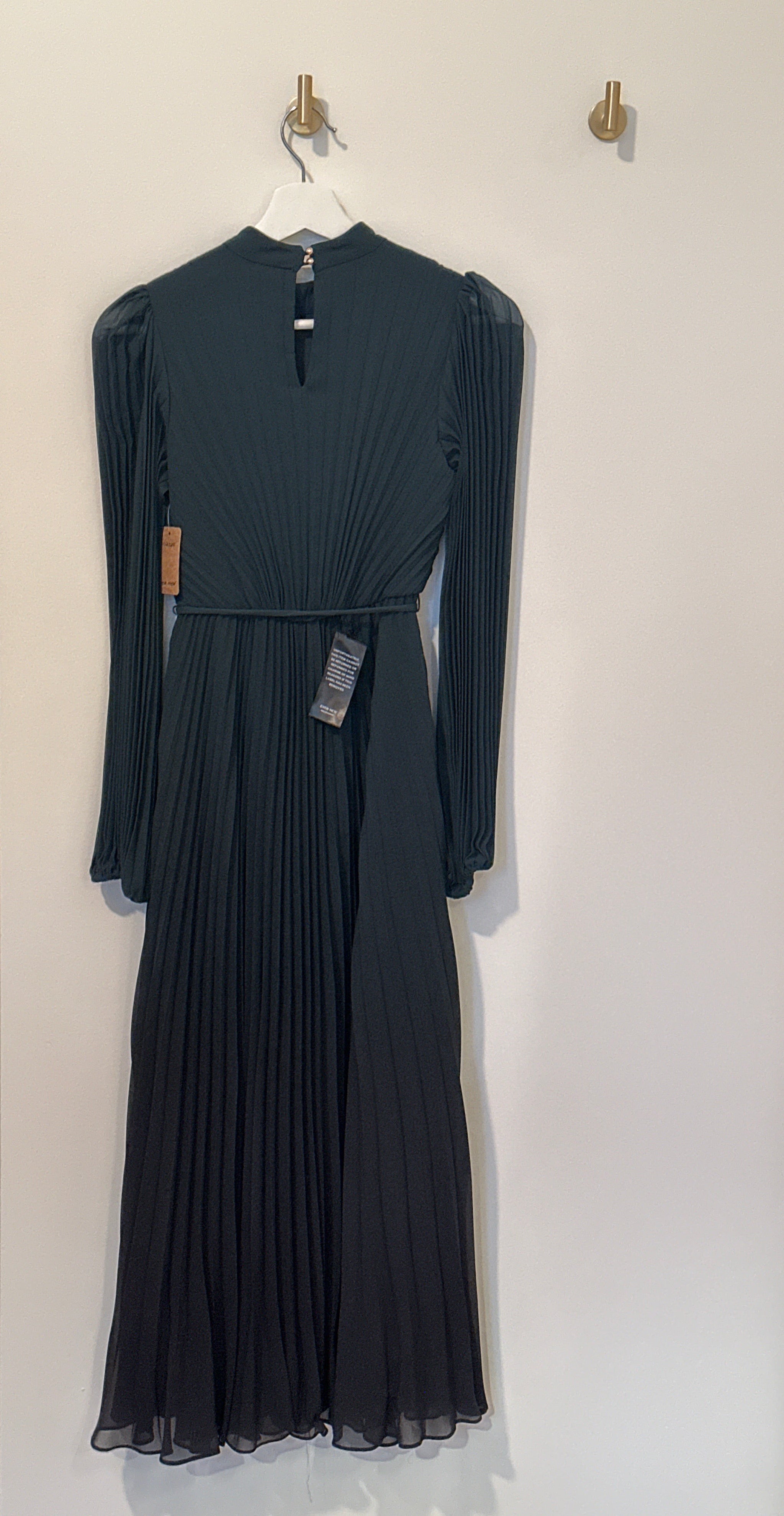 EVER NEW Accordion Pleated Full Length Dress Long Sleeve Elastic Waist With Tie