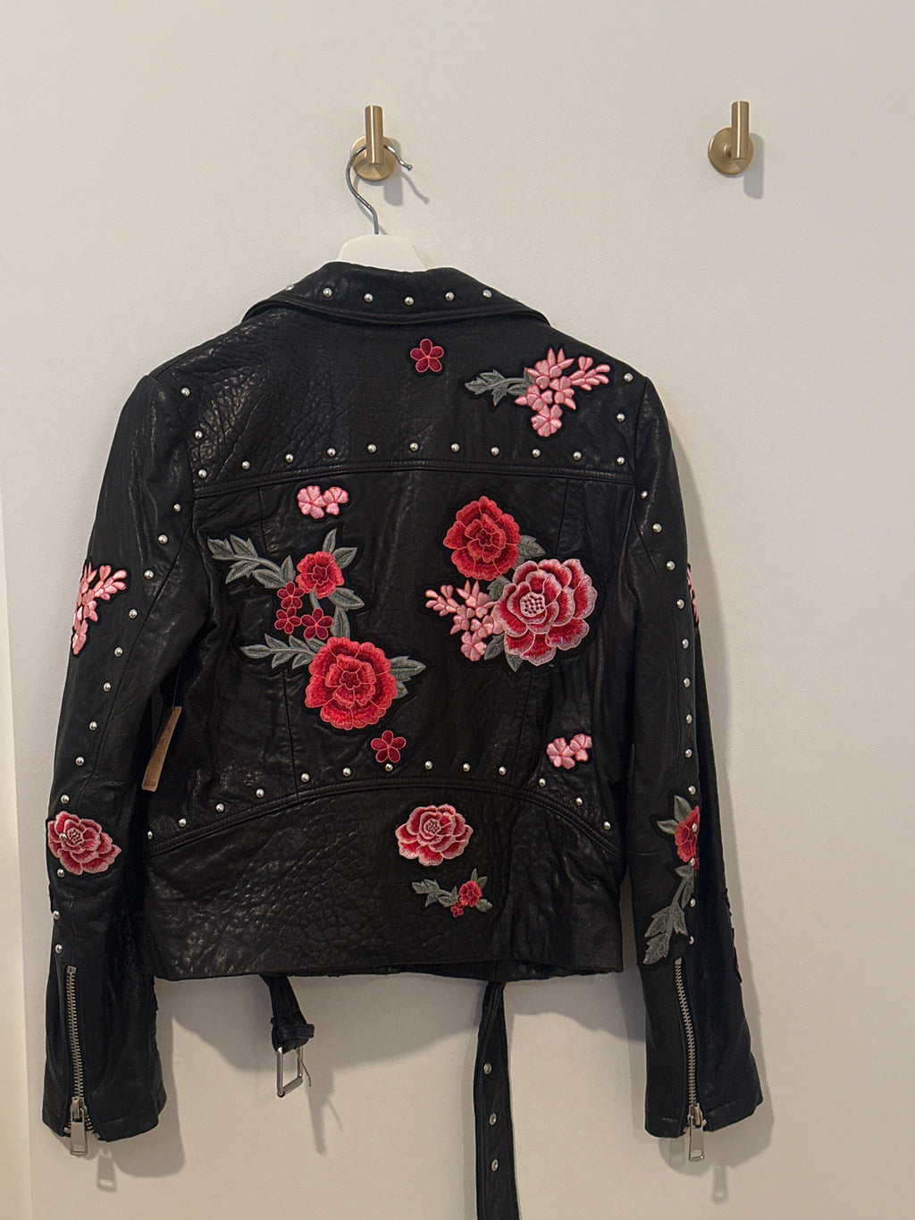 BELLE VERE Floral Embossed Leather Biker Jacket