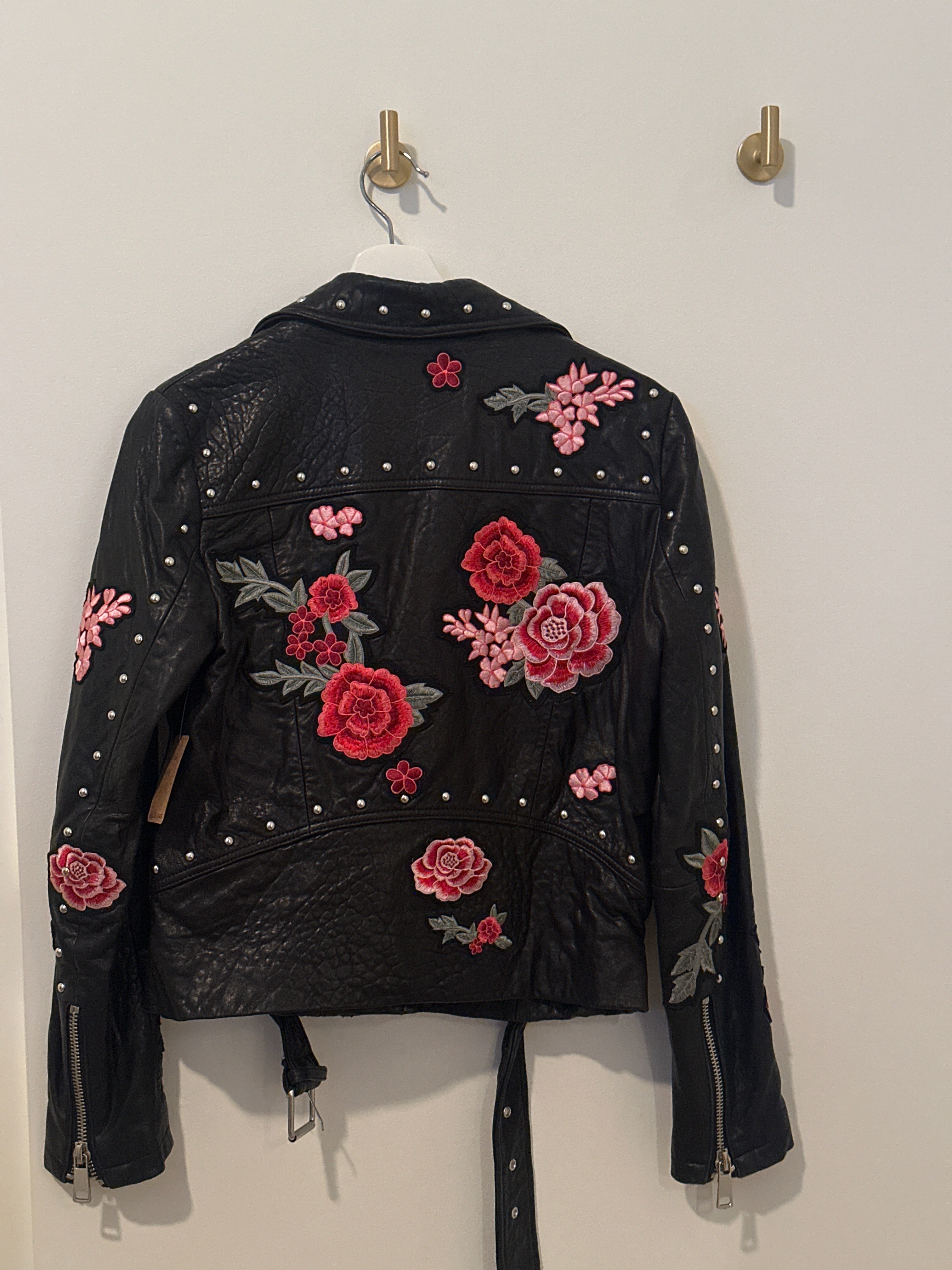 BELLE VERE Floral Embossed Leather Biker Jacket