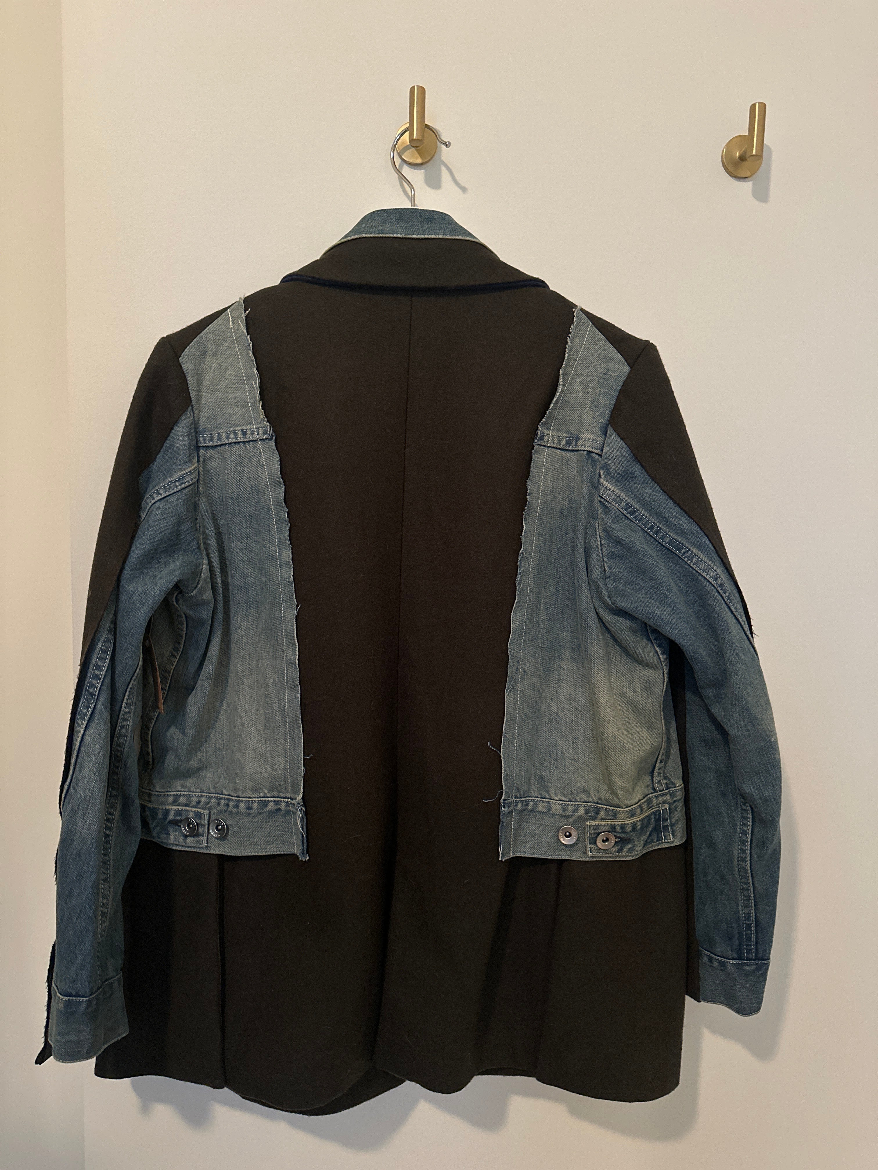 Sacai 5149 Mixed Media Blazer Dark Army Green Wool with Denim Inserts