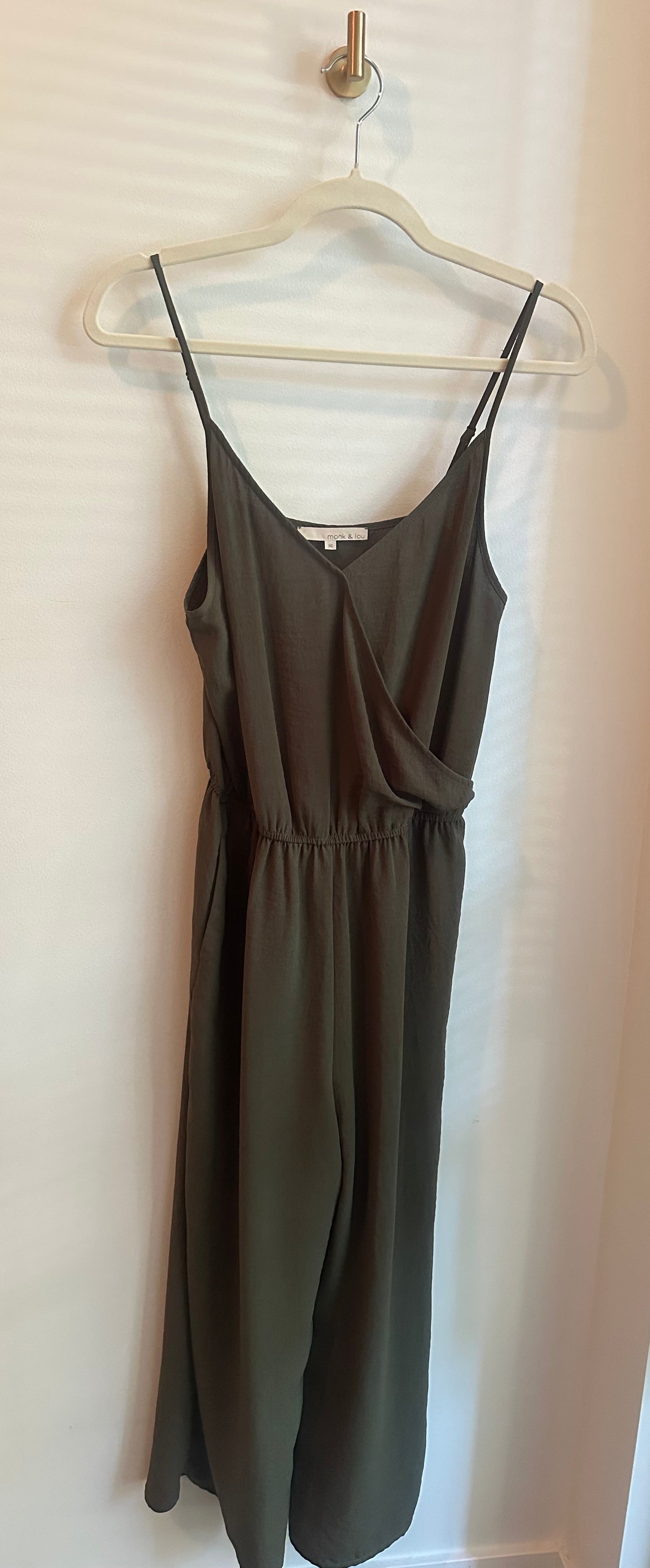 Monk & Lou Wrap Front Wide Leg Jumpsuit | Army Green | Size XS