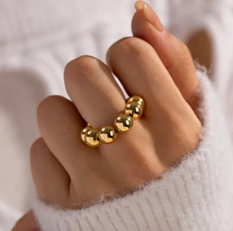 Jewelry Gold Beads Ring- Flintstone- Bigger-14K Gold Steel Stretch