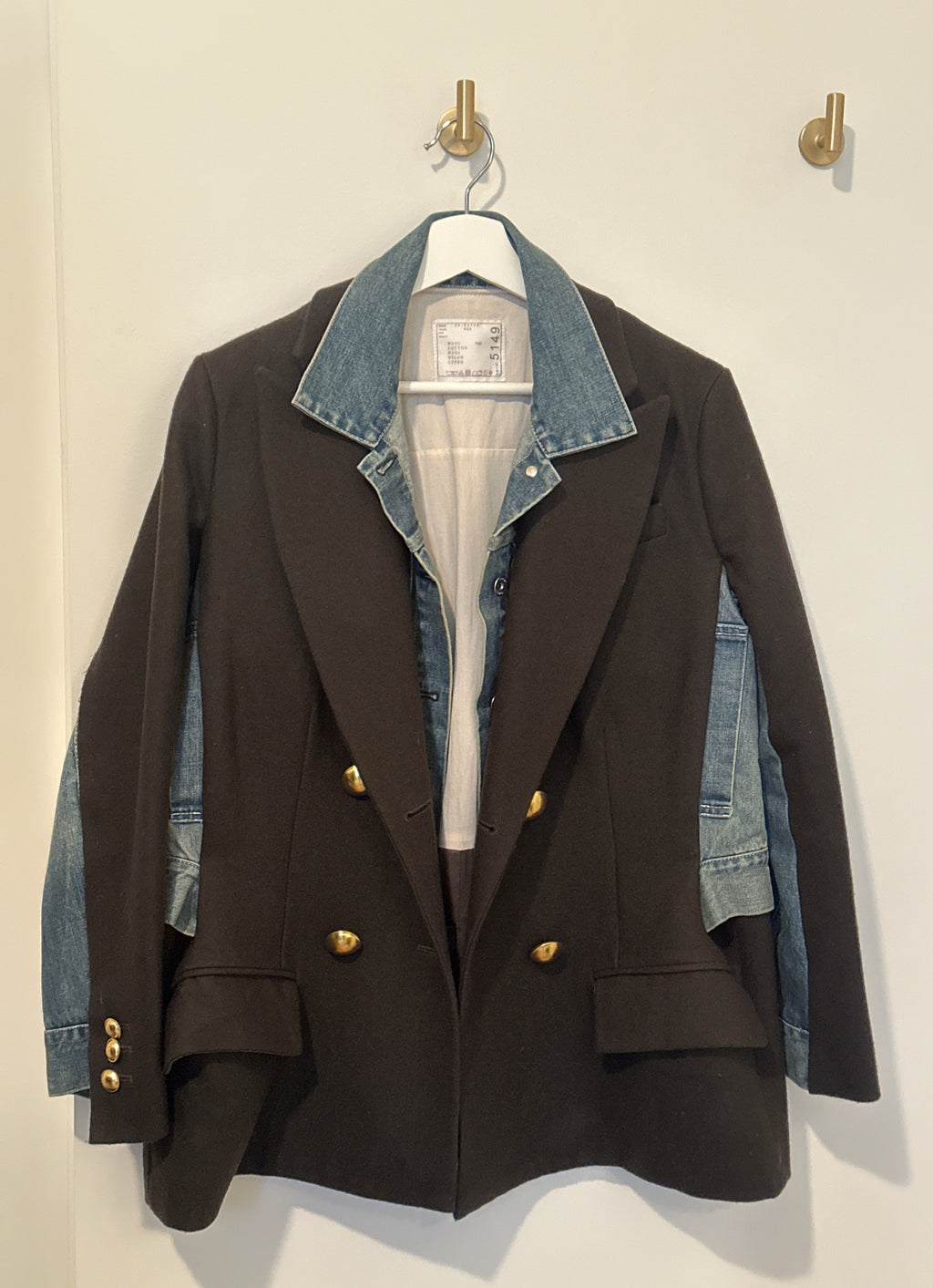 Sacai 5149 Mixed Media Blazer Dark Army Green Wool with Denim Inserts