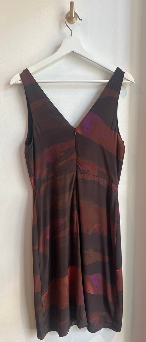 BABATON Printed Midi Dress – 100% Silk Abstract Burgundy Water Print — Size 2