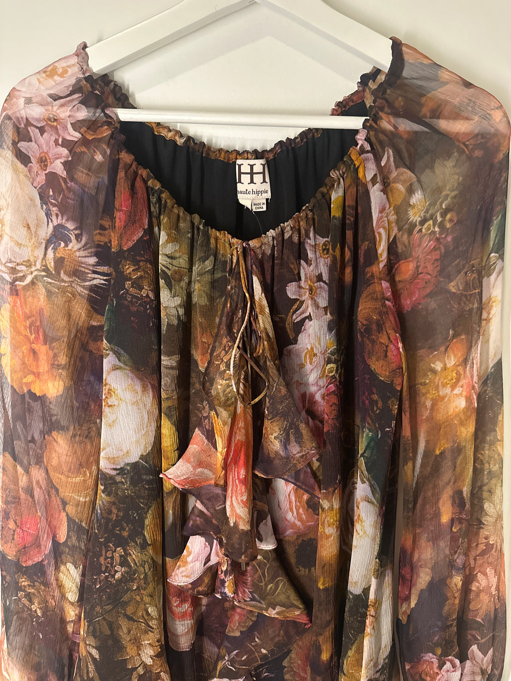 HH haute hippie Bohemian Style Sheer Floral Print Blouse