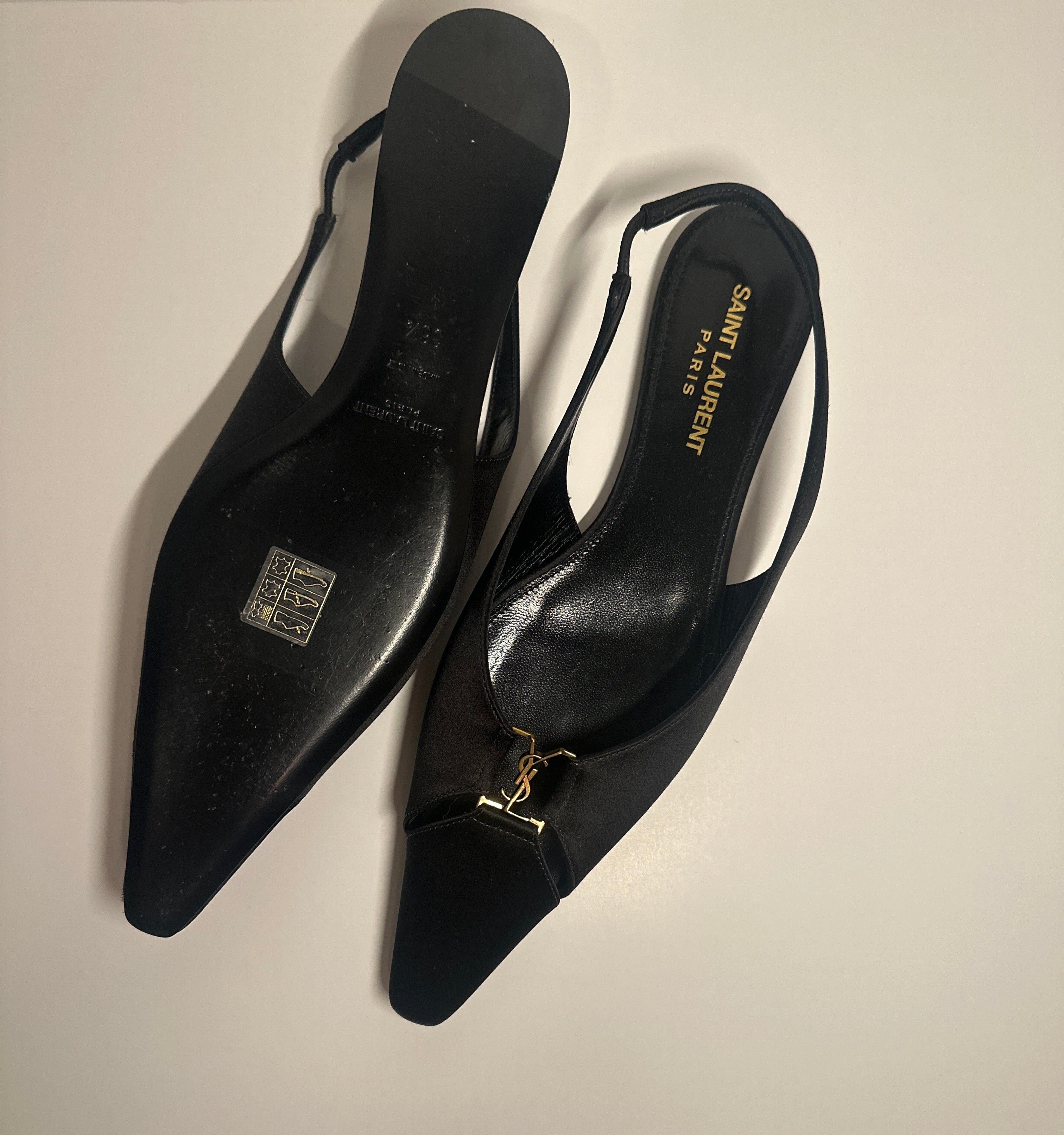 SAINT LAURENT Pointed Toe Black Babylone Slingback Flats with Gold YSL E mblem36.5