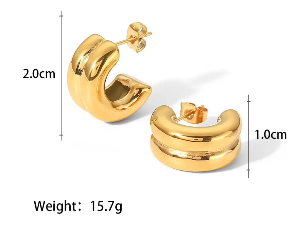 Jewelry Puffy Double Hoop Earring- steel Gold Huggie : Two tone / Small