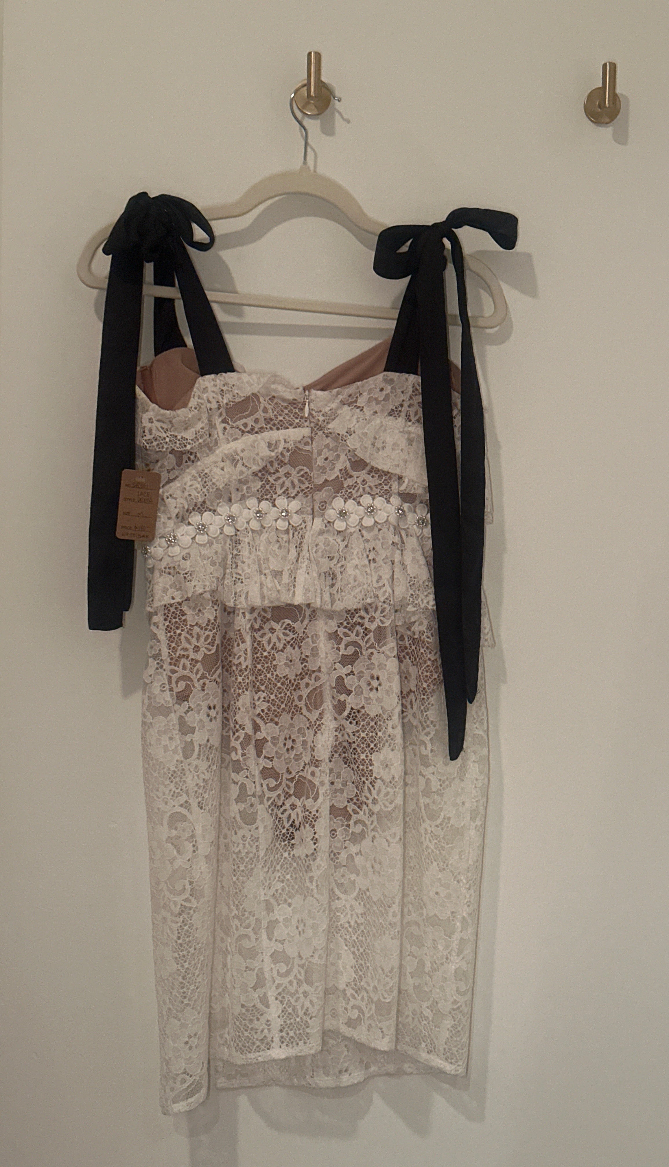 For Love & Lemons Lace Bra + Beaded & Rhinestone Rosette Daisy Appliqué Body Suit Dress with Black Tie Satin Straps M