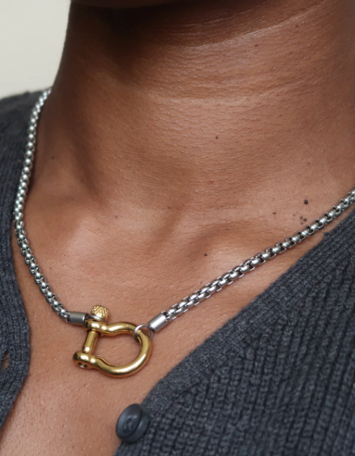 Jewelry Carabiner horse Bit- Charm-Wheat Chain Stainless Necklace: Two Tone