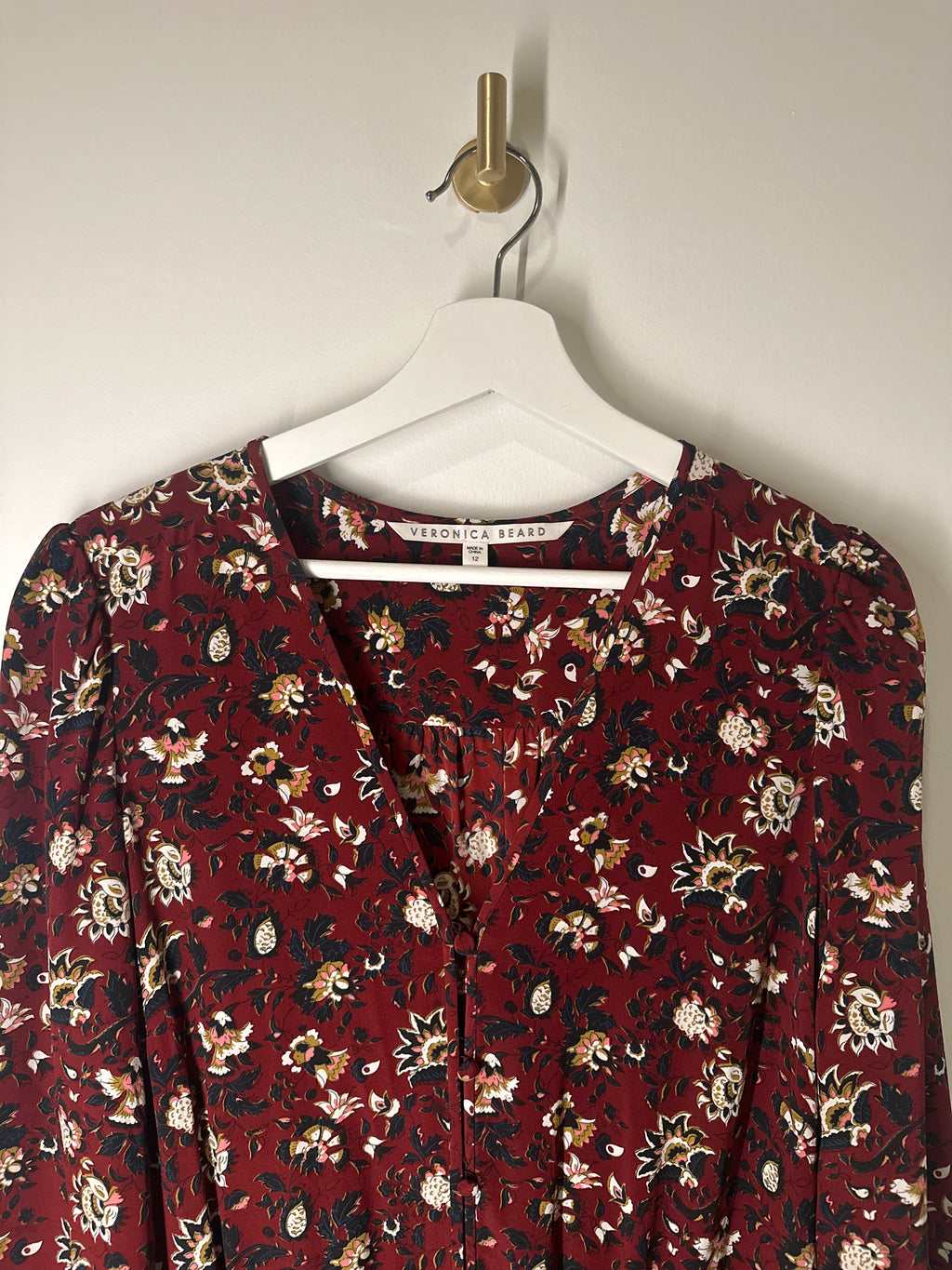 VERONICA BEARD Long Sleeved Flounced Bottom Floral Print on Burgundy Dress