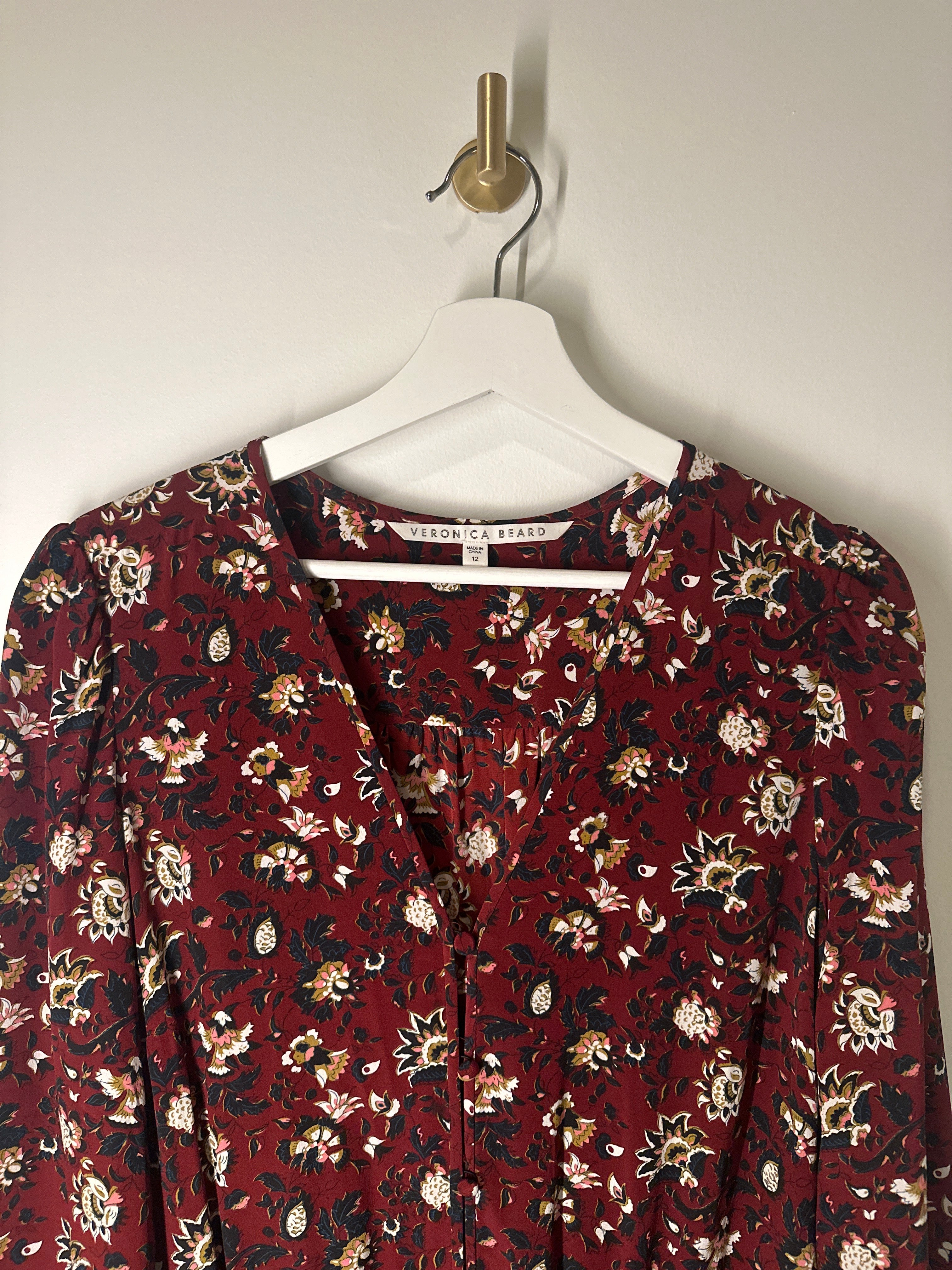 VERONICA BEARD Long Sleeved Flounced Bottom Floral Print on Burgundy Dress