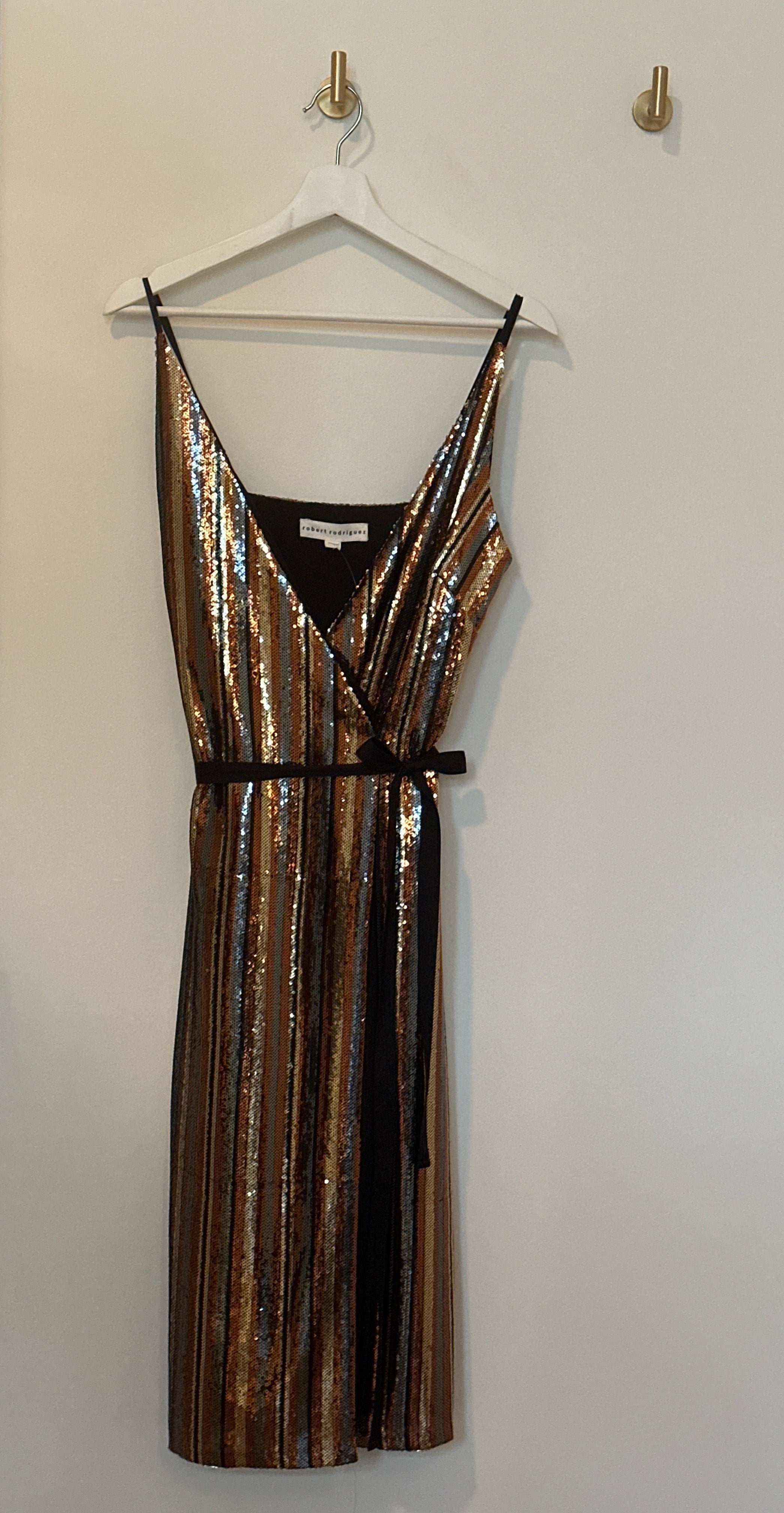 robert rodriguez Faux Wrap Sleeveless Striped Metallic Sequin Dress Small
