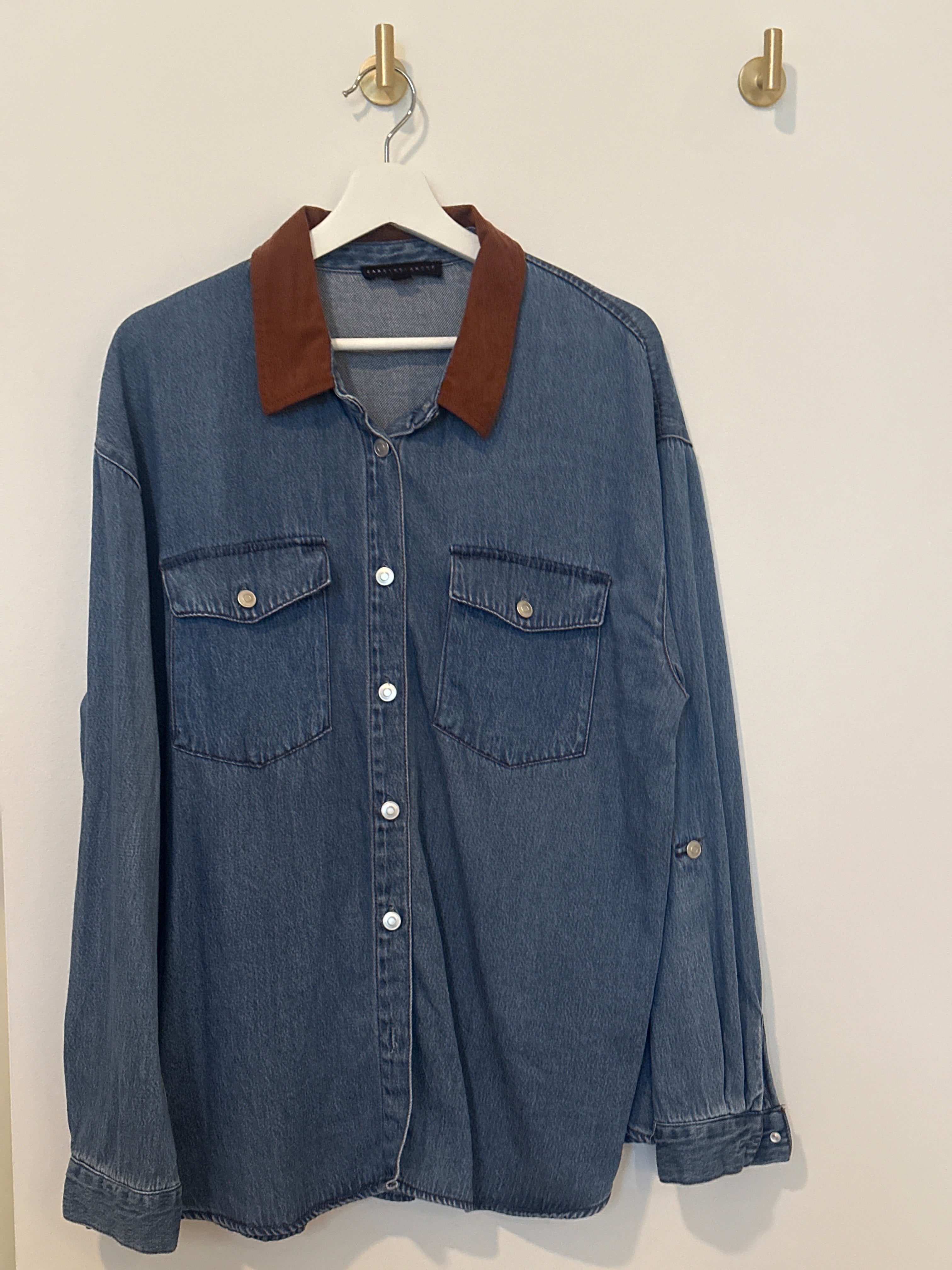 JANE + DELANCEY Over Sized Washed Denim Shirt with Brown Corduroy Collar