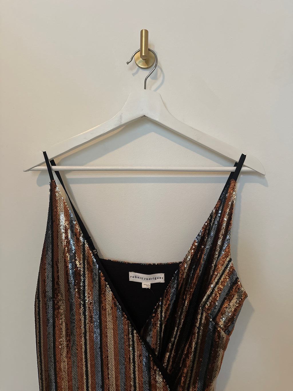 robert rodriguez Faux Wrap Sleeveless Striped Metallic Sequin Dress Small
