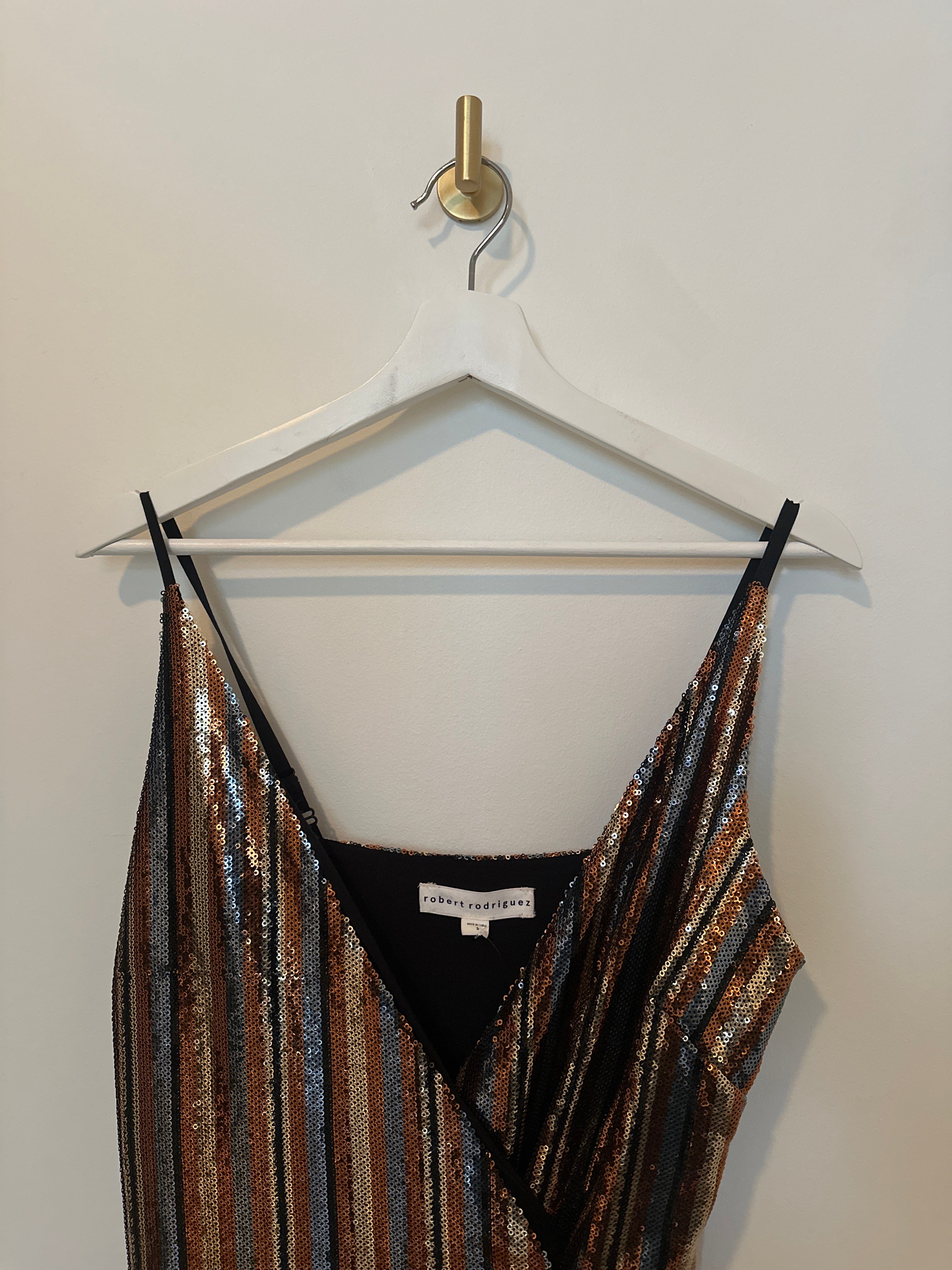 robert rodriguez Faux Wrap Sleeveless Striped Metallic Sequin Dress Small