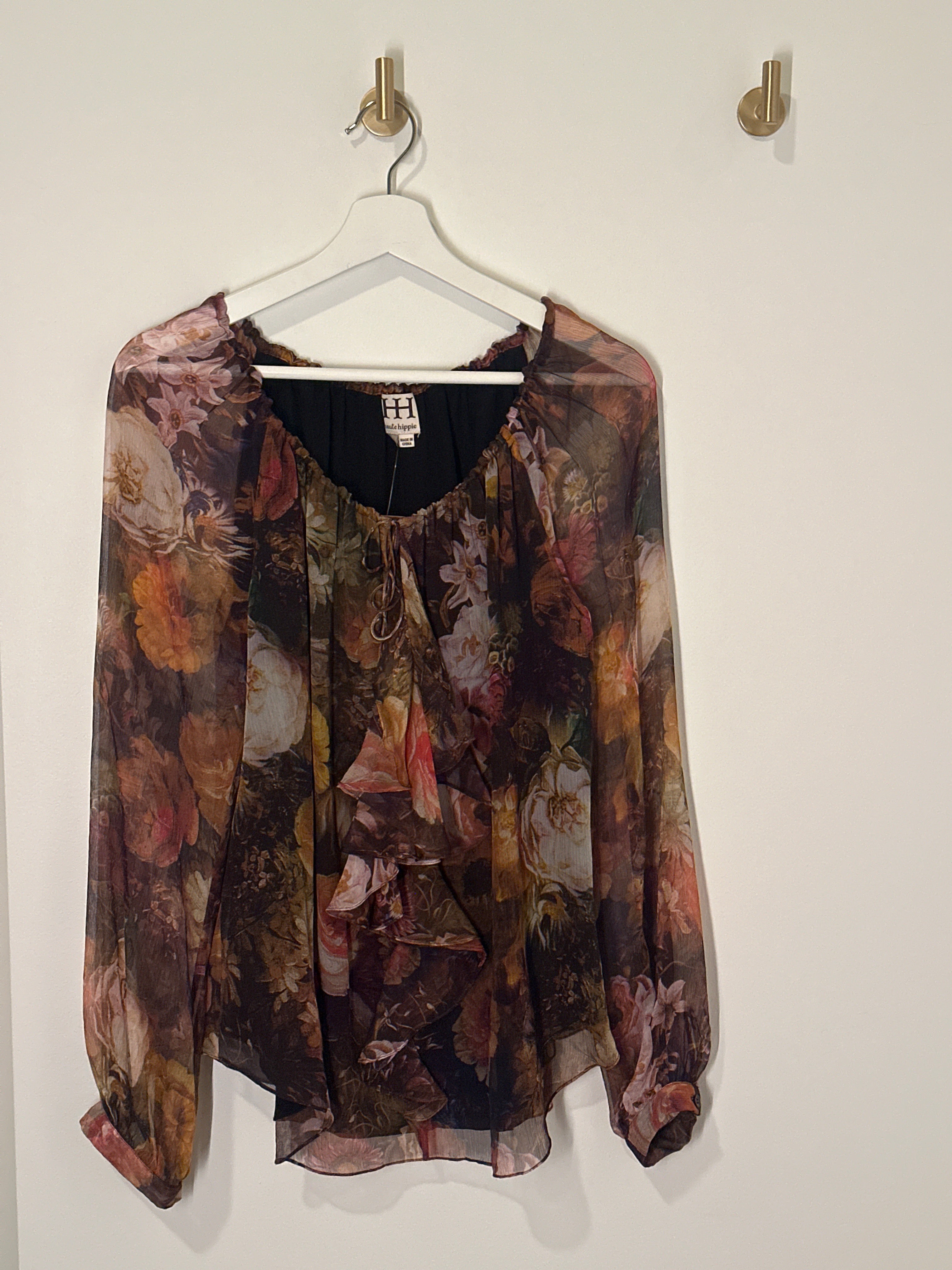 HH haute hippie Bohemian Style Sheer Floral Print Blouse