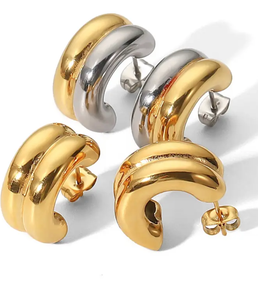 Jewelry Puffy Double Hoop Earring- steel Gold Huggie : Two tone / Small