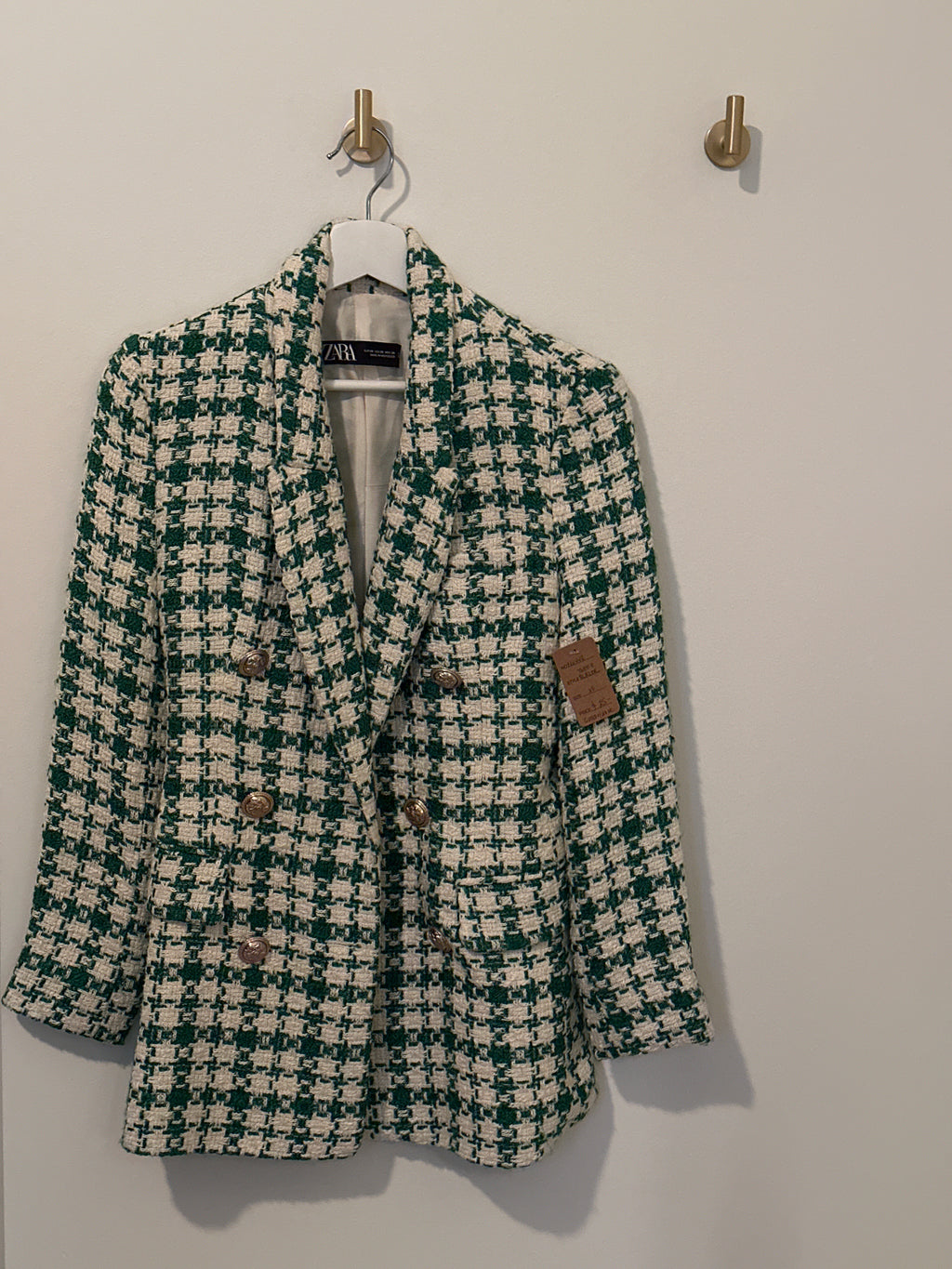 ZARA Green and Cream Double Breasted Houndstooth Blazer