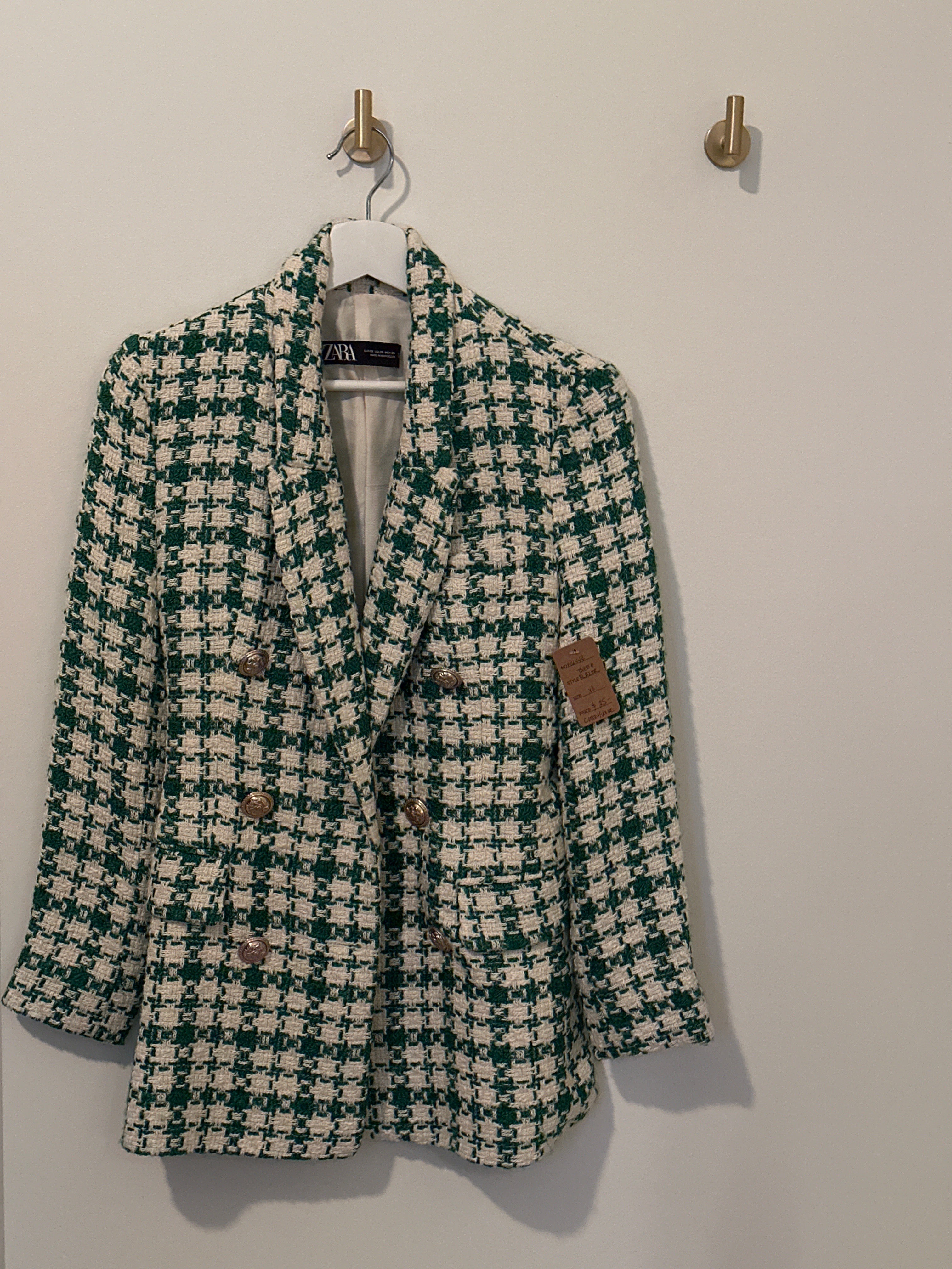ZARA Green and Cream Double Breasted Houndstooth Blazer