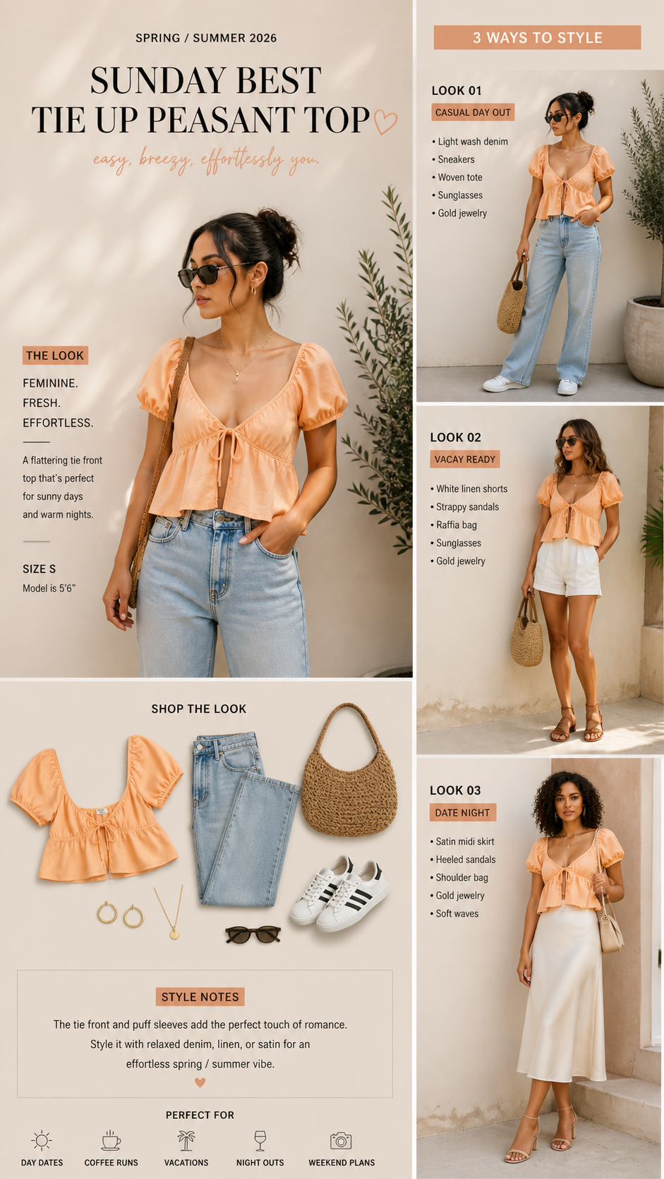 SUNDAY BEST Tie-Front Peasant Top — Size S