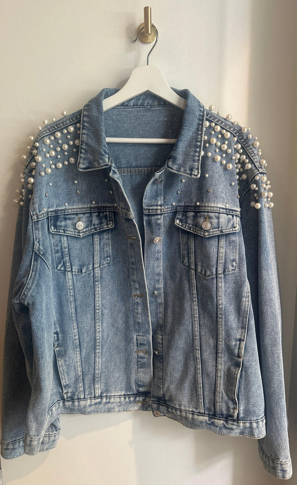 Pearl & Rhinestone Embellished Denim Jacket | Size 4XL