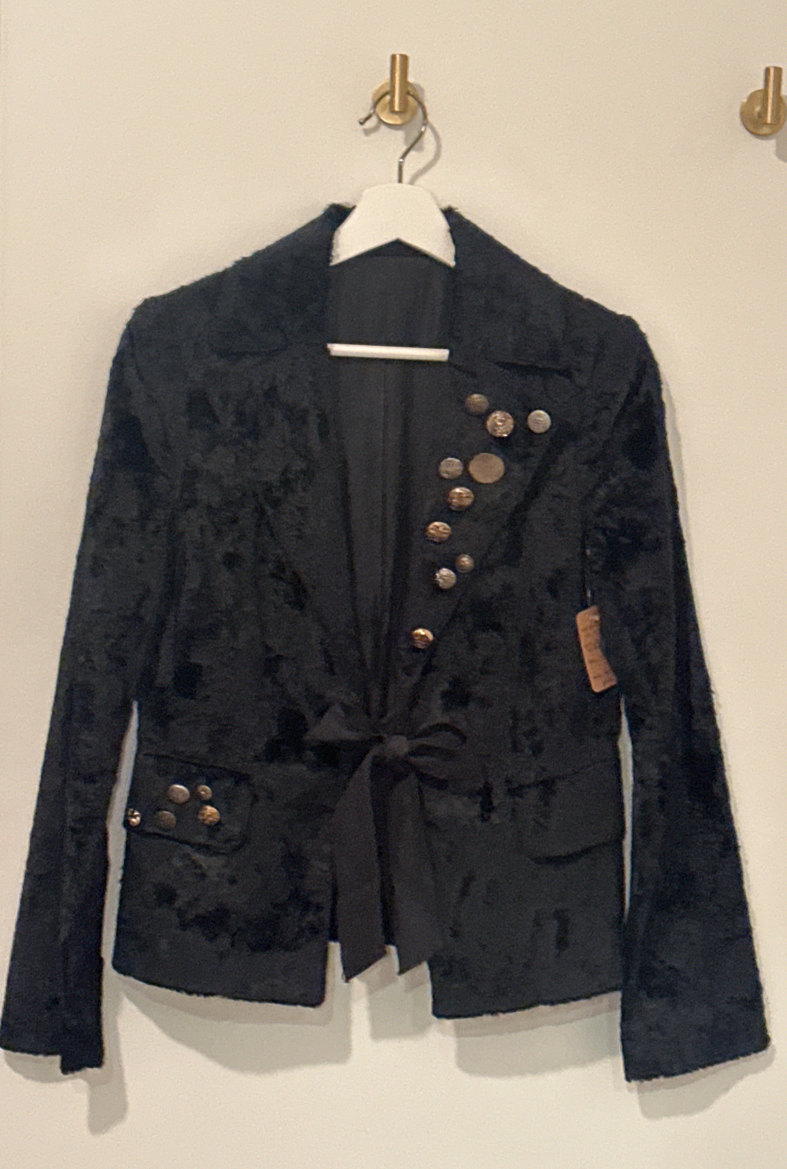 Vintage Blazer (Club Monaco TBD) Black Crushed Velvet Or Cow Hide Texture XS/S with Hand Sewn Buttons and Crepe Bow